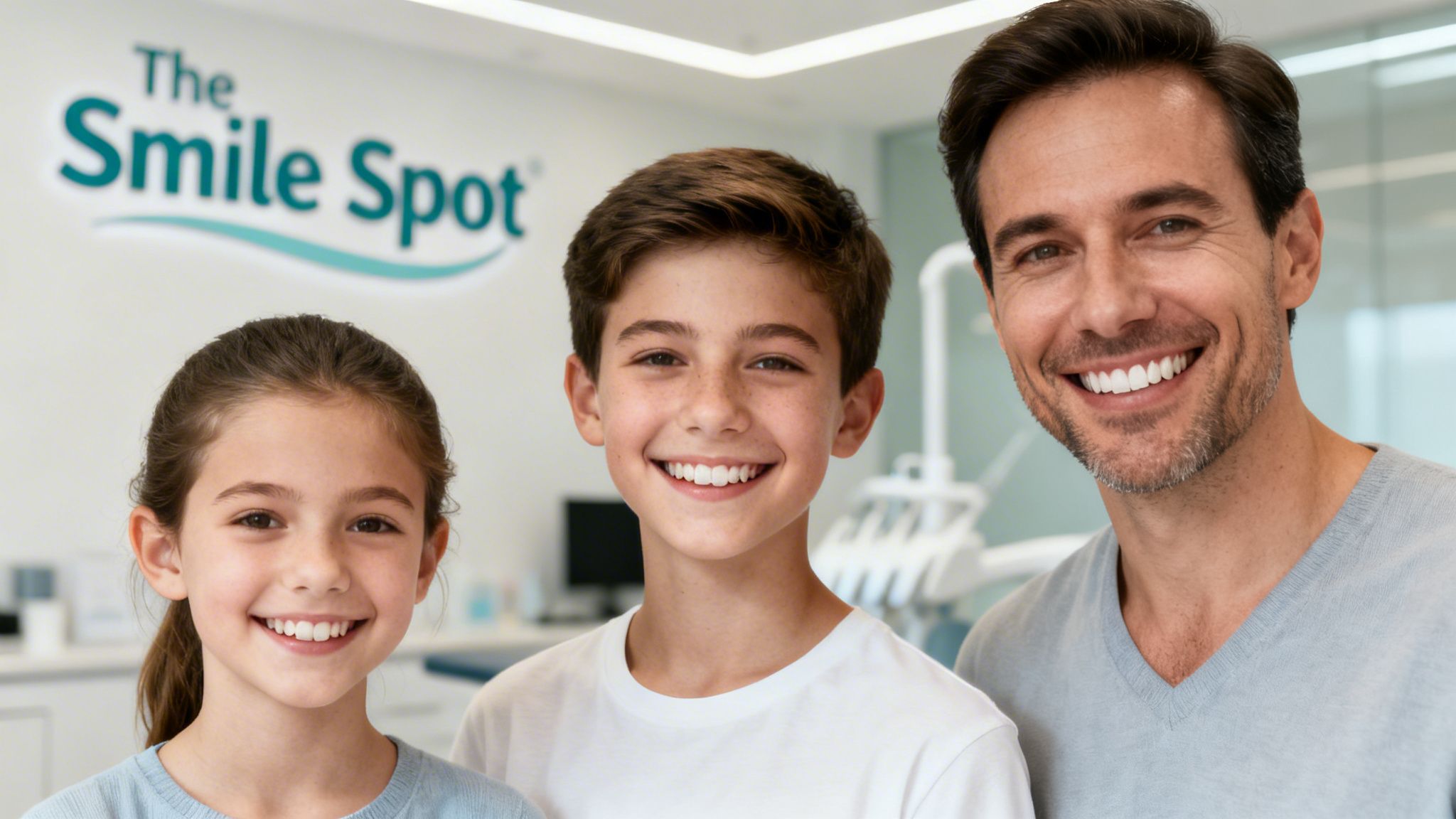 A man, boy, and girl smiling brightly in a dental office called The Smile Spot.