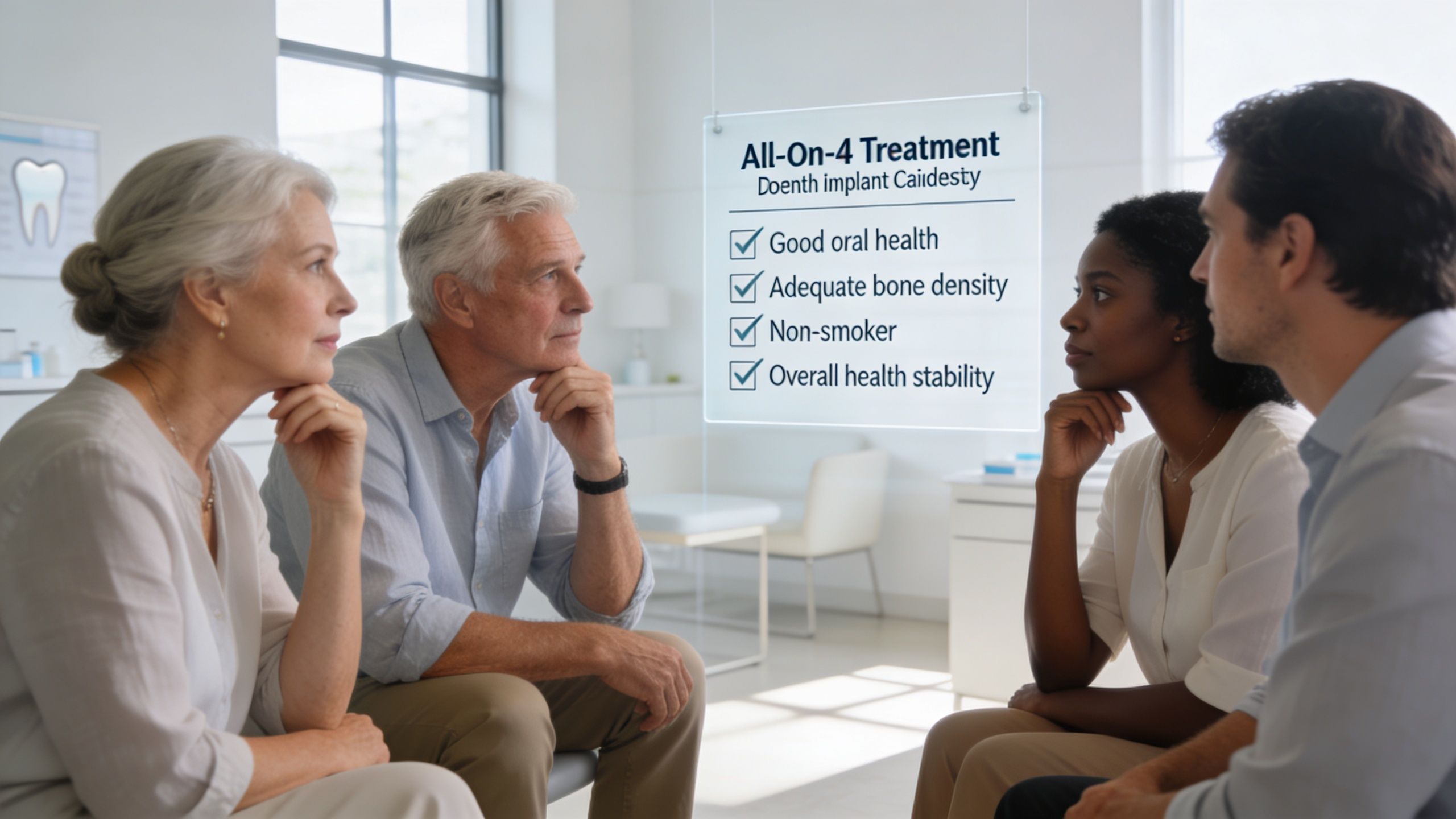 A diverse group of people discussing all-on-4 dental implant treatment in a professional office setting.
