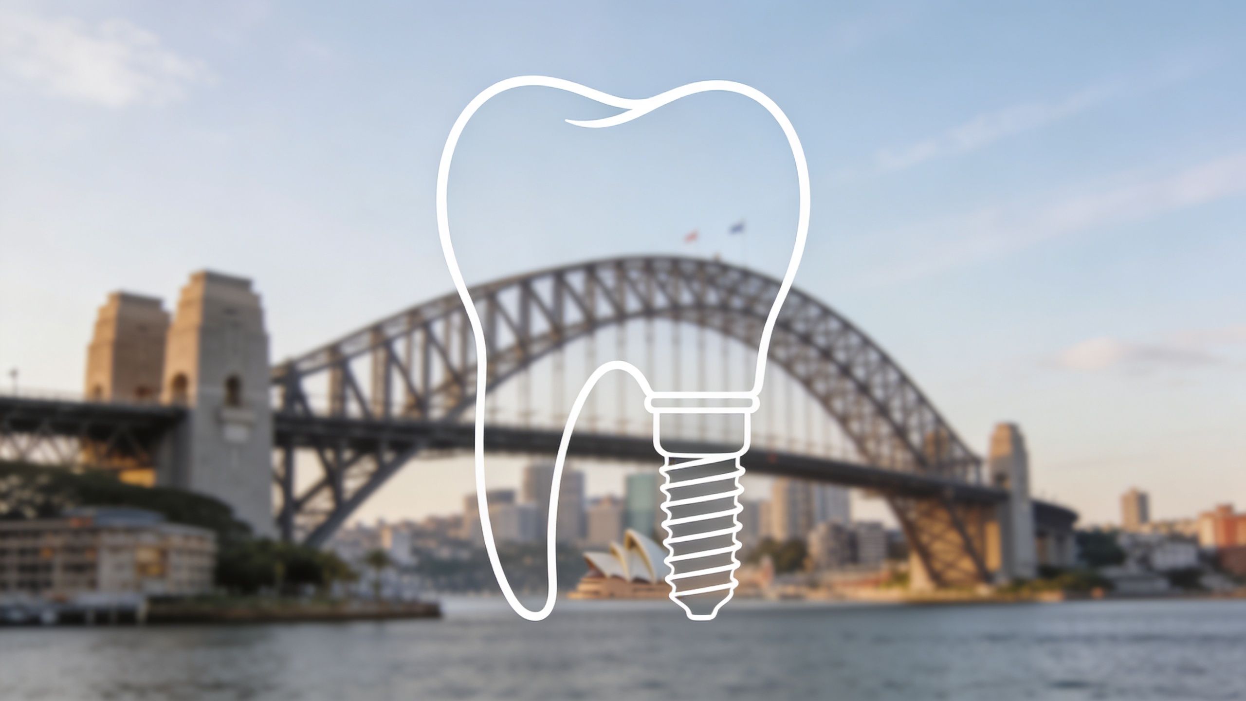 A minimalist white outline of a dental implant superimposed over the Sydney Harbour Bridge and Opera House.