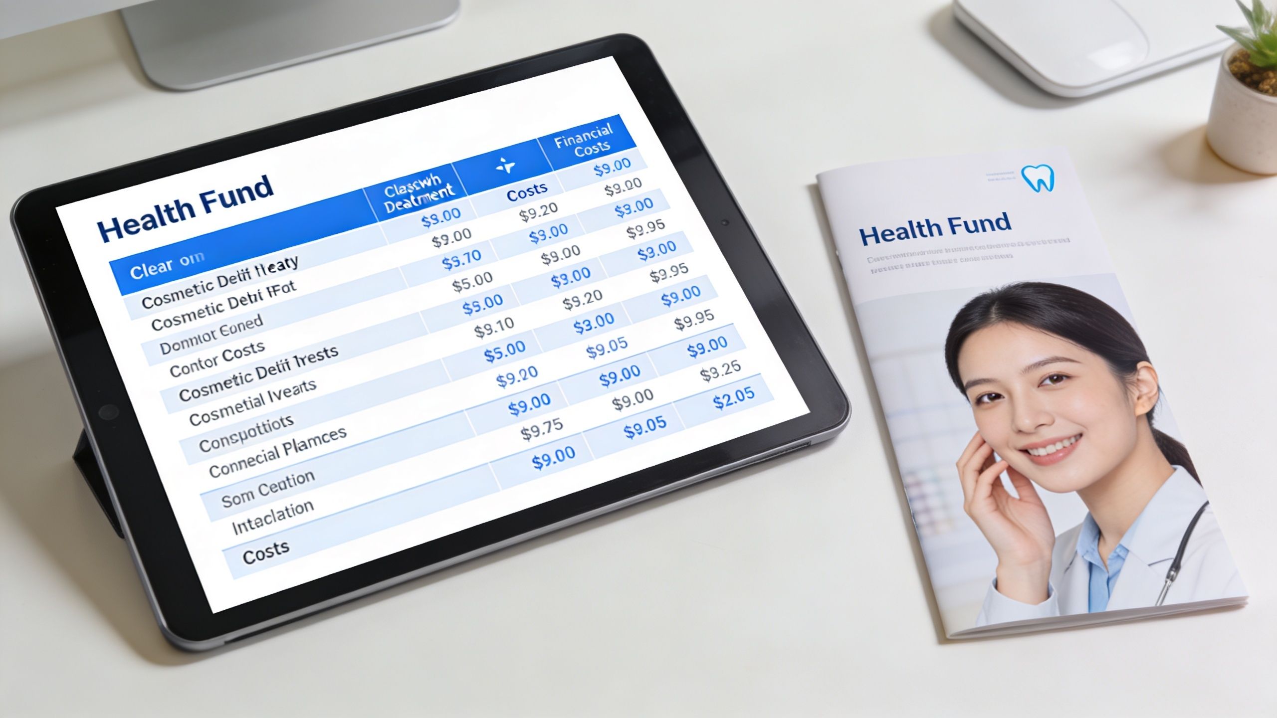 A digital tablet displaying a health fund dental treatment cost table next to a brochure with a dentist.