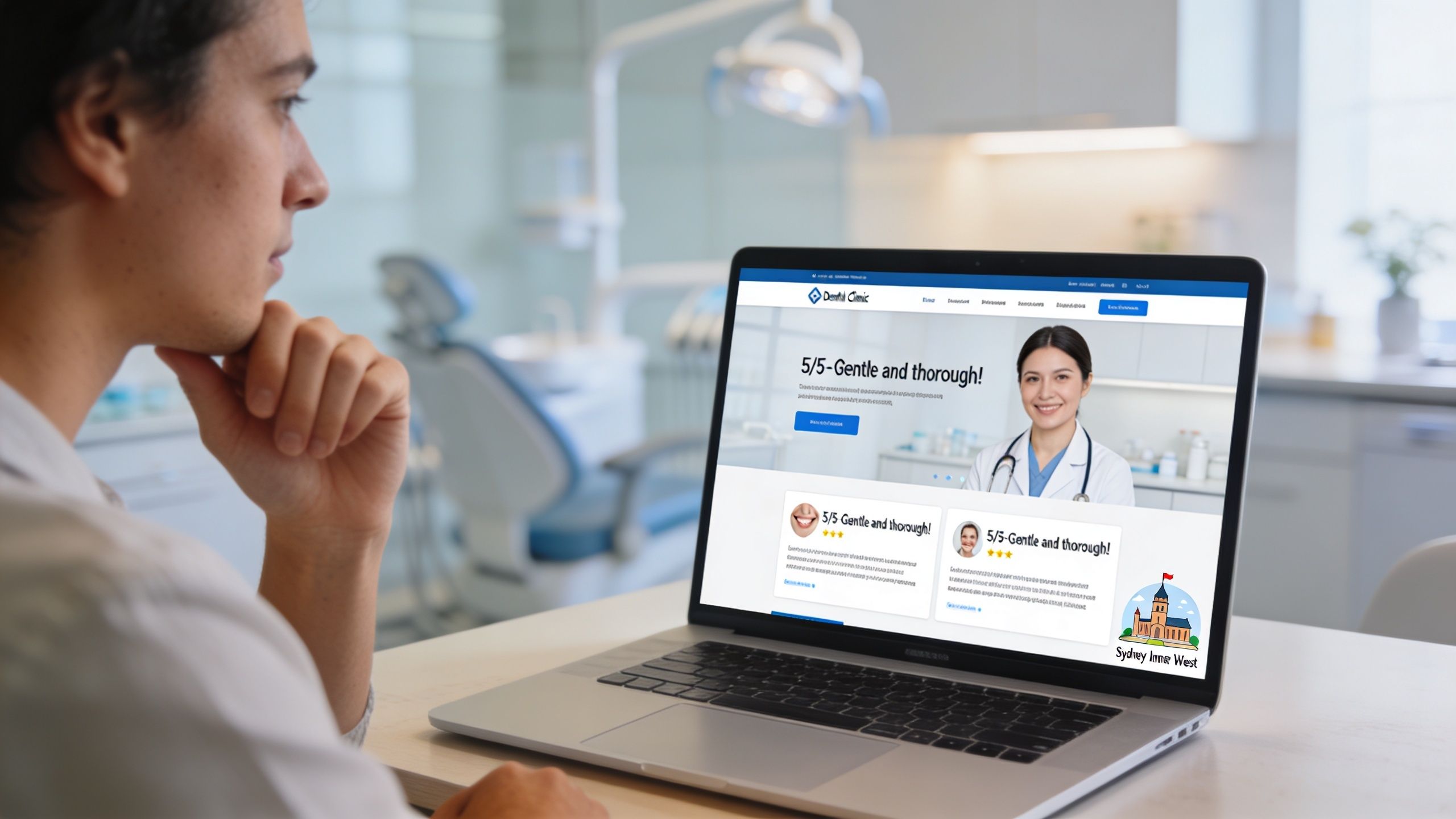 A person looking at a dental clinic website on a laptop screen in a professional dental office.