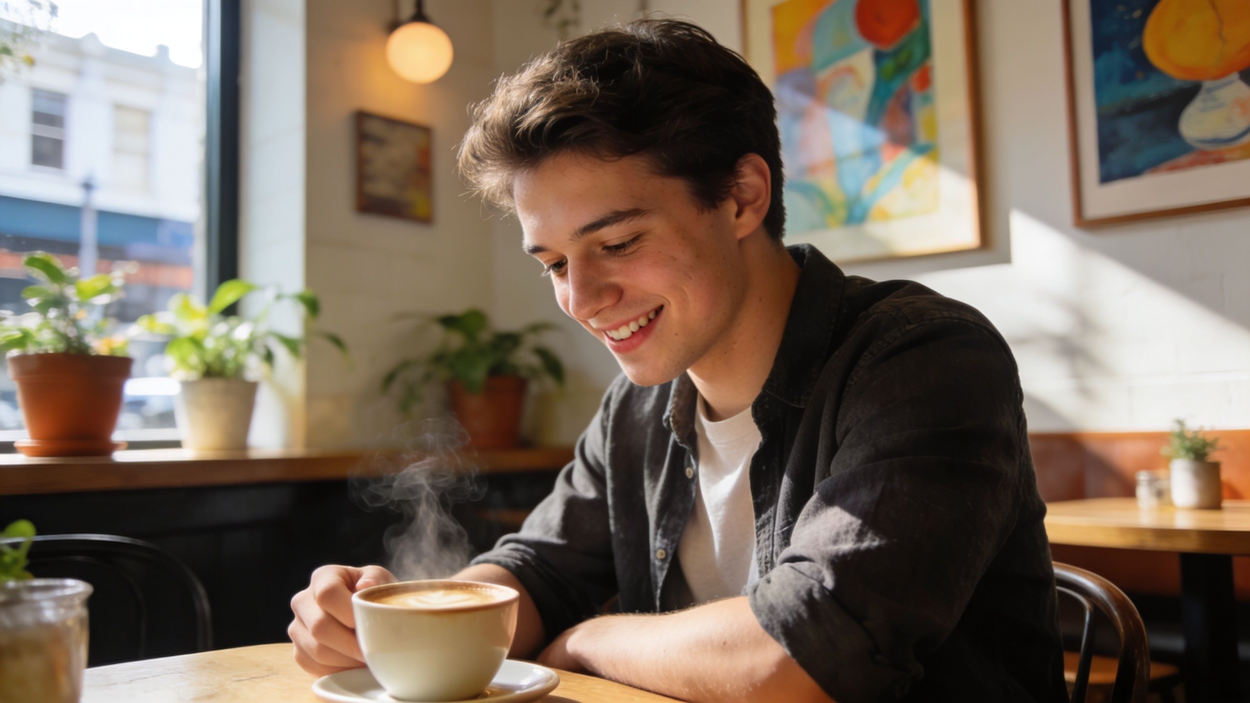 A young man with a bright smile sitting in a cafe with a steaming cup of coffee.