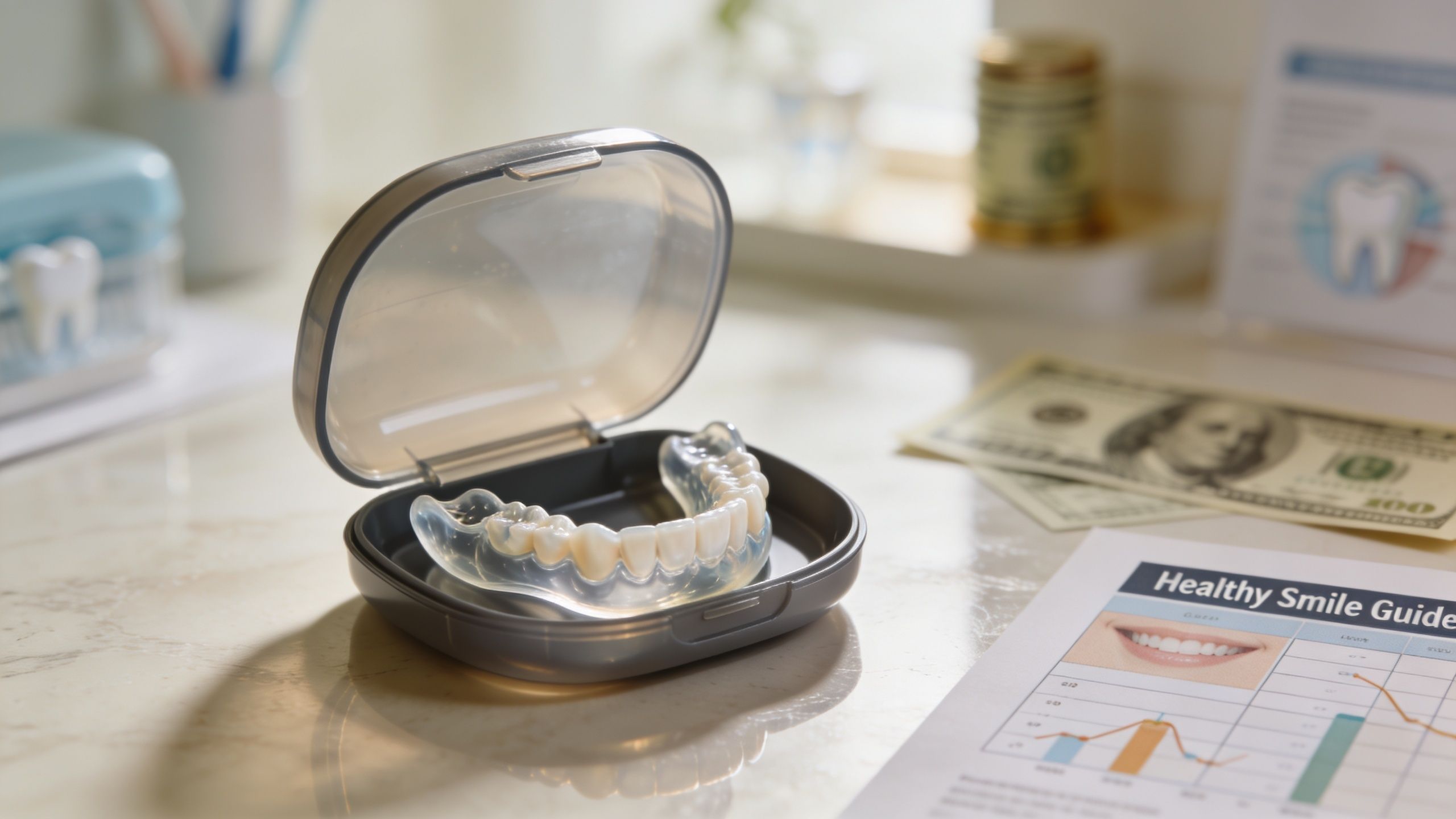 A clear dental aligner or custom mouth guard inside a gray protective case on a desk