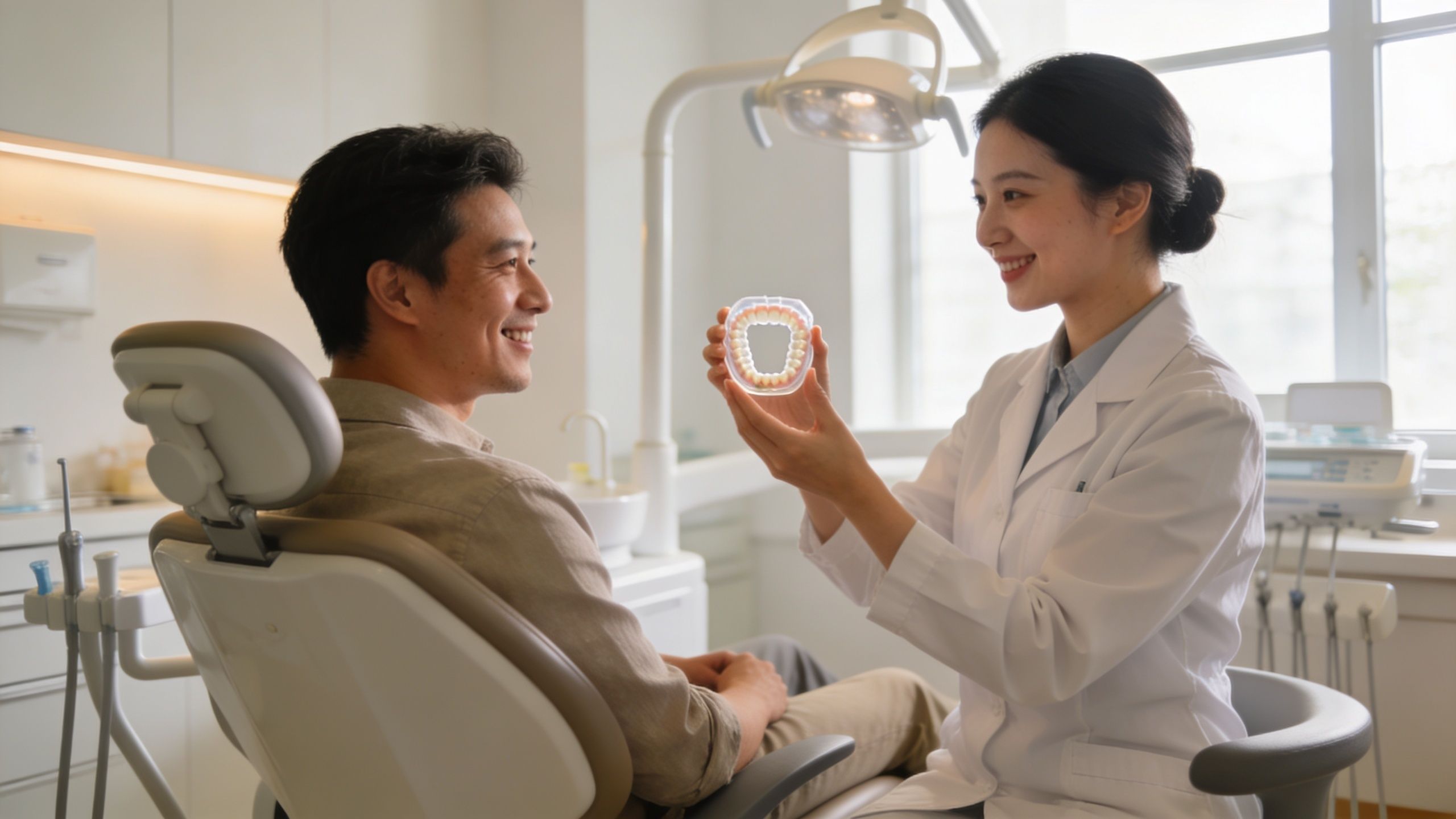 A smiling female dentist showing a set of artificial teeth to a patient in a dental office.