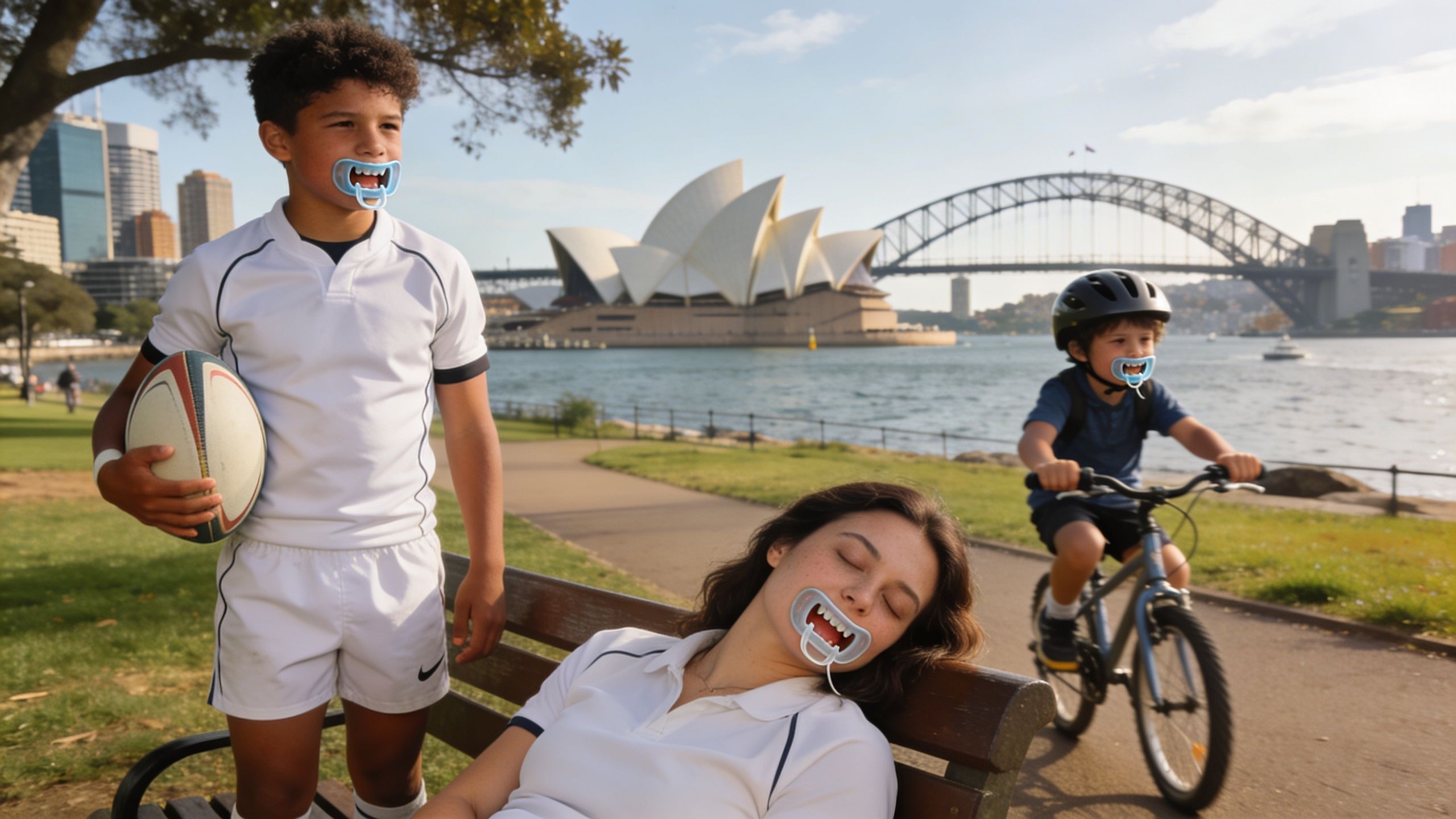 A family with children wearing custom mouth guards while relaxing and cycling near the Sydney Opera House.