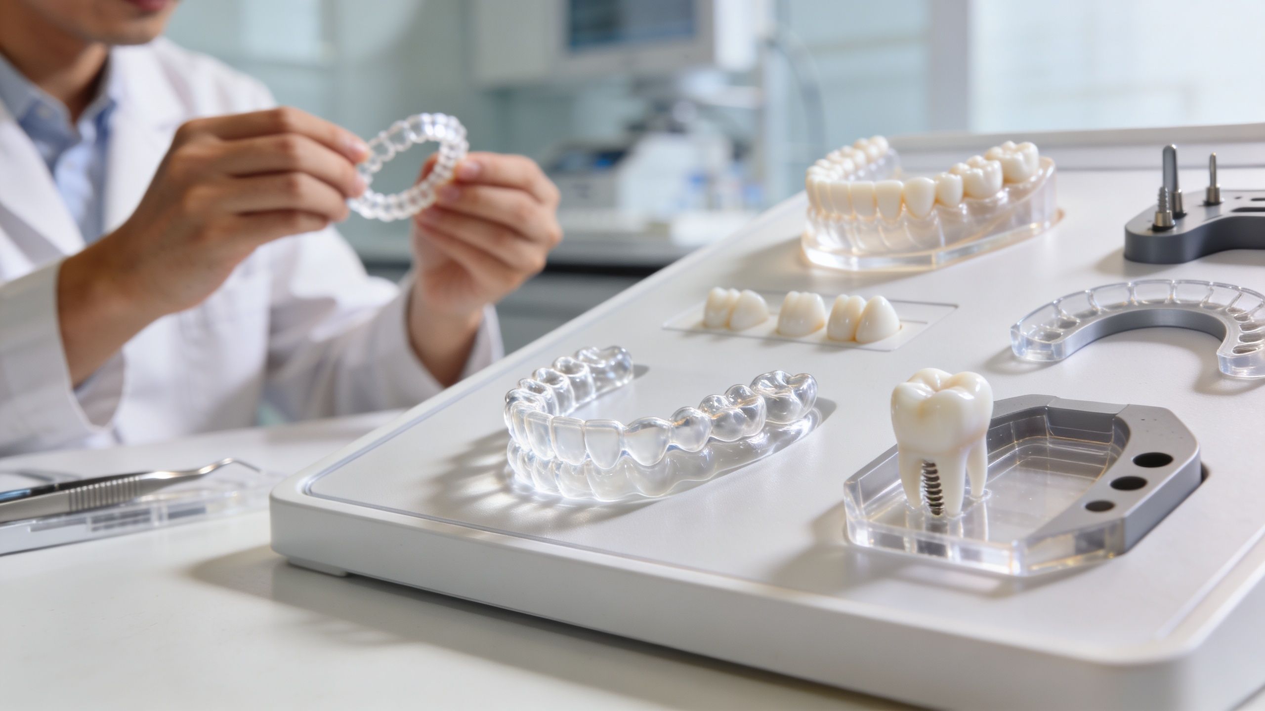 A dental professional examining a clear aligner tray in a modern office with various dental prosthetics displayed.