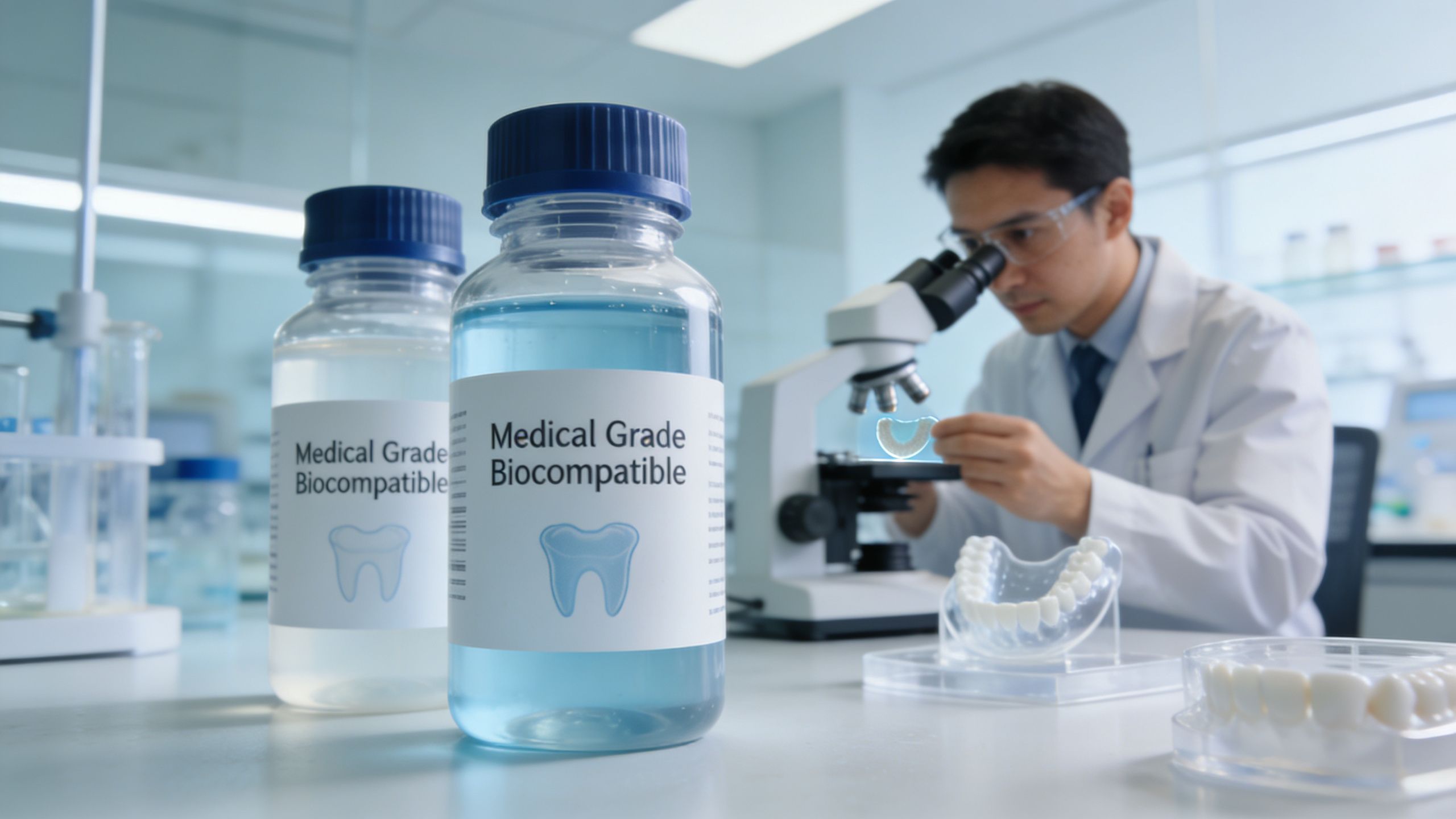 A scientist works in a dental laboratory with resin bottles and printed dental models for 3D printing.