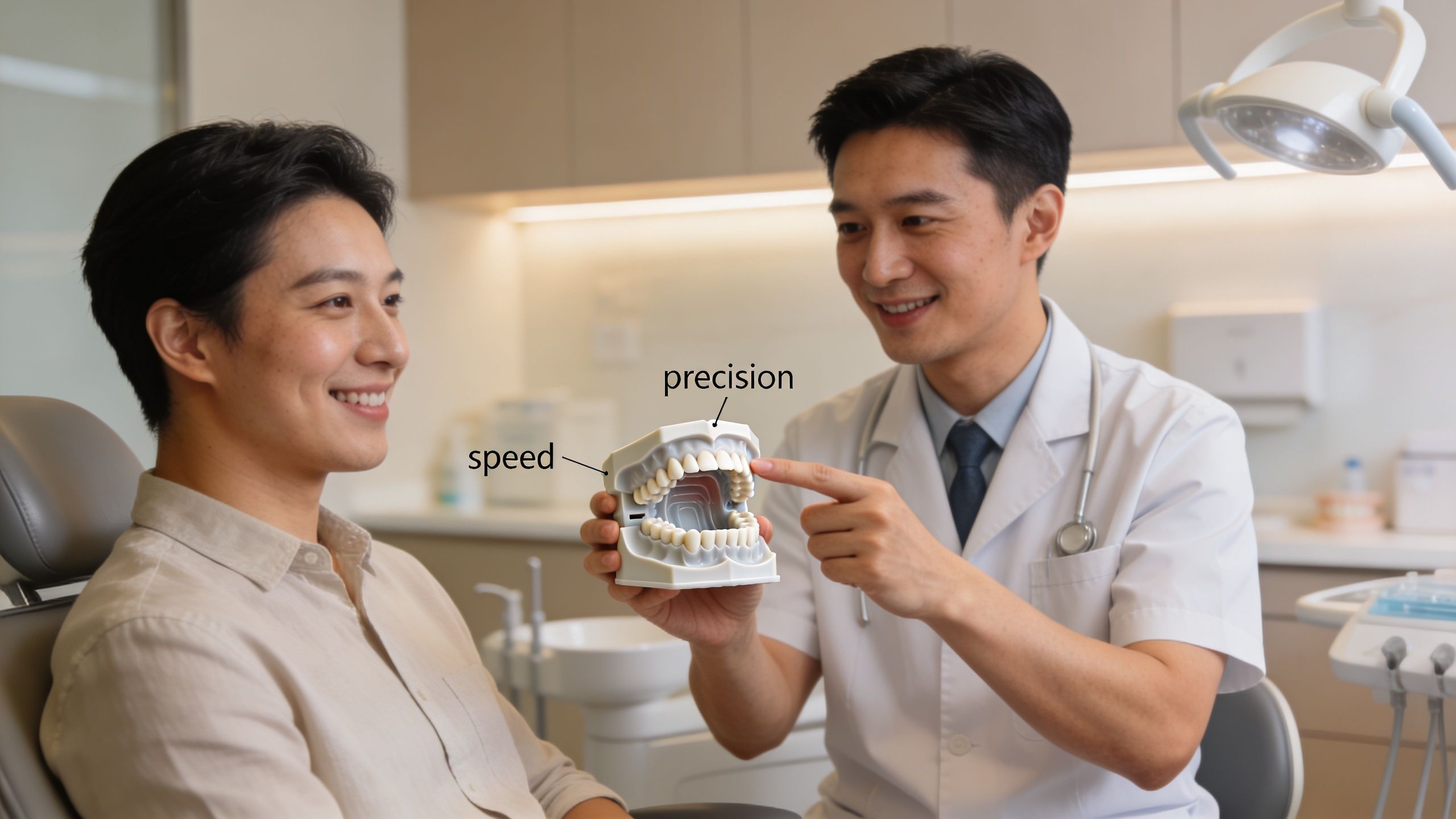 A dentist shows a patient a dental model to explain the speed and precision of 3D printing.