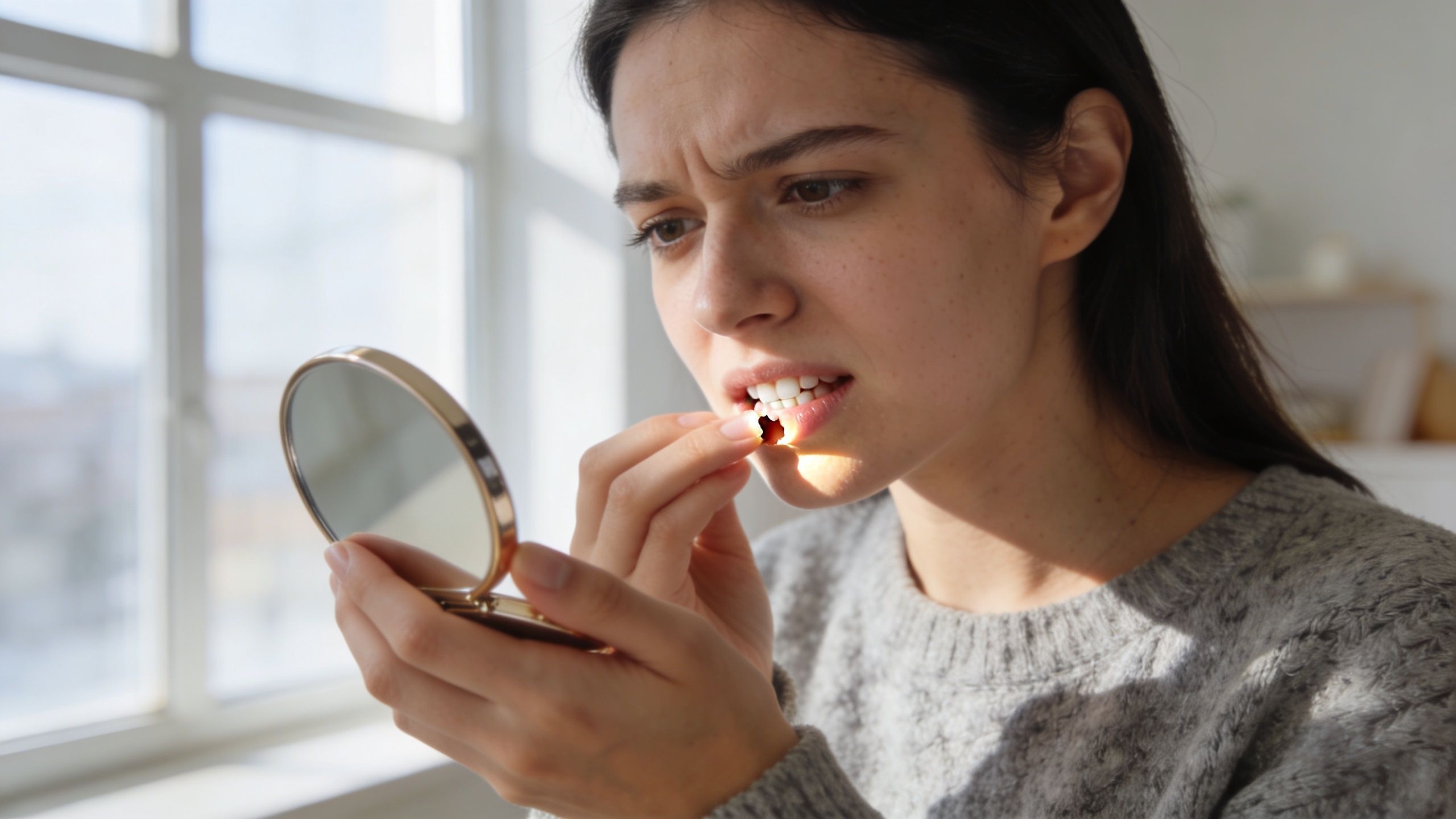 A concerned young woman checking her teeth in a small mirror while touching her mouth.