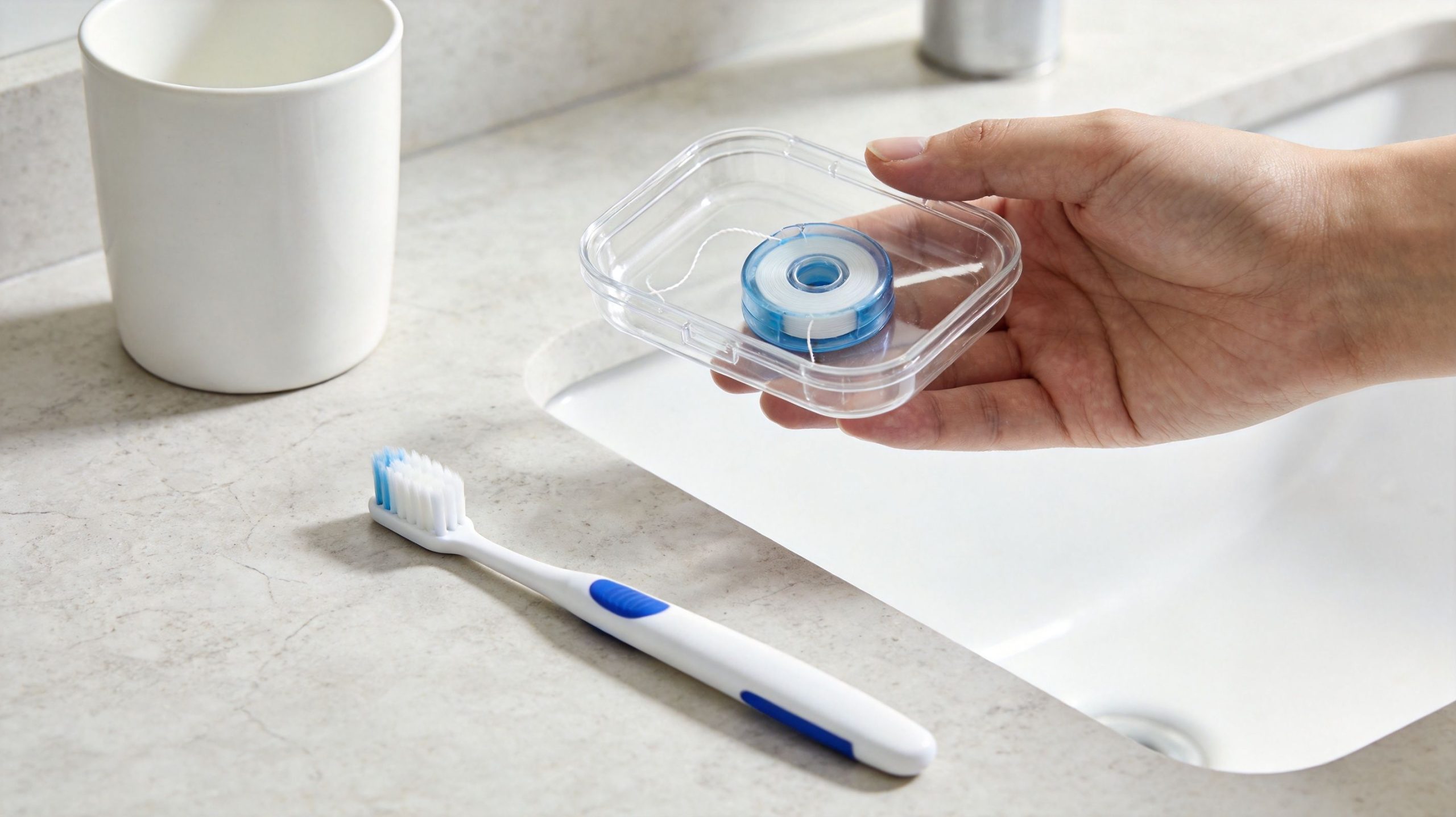 A hand holding dental floss in a clear container next to a toothbrush on a bathroom sink.