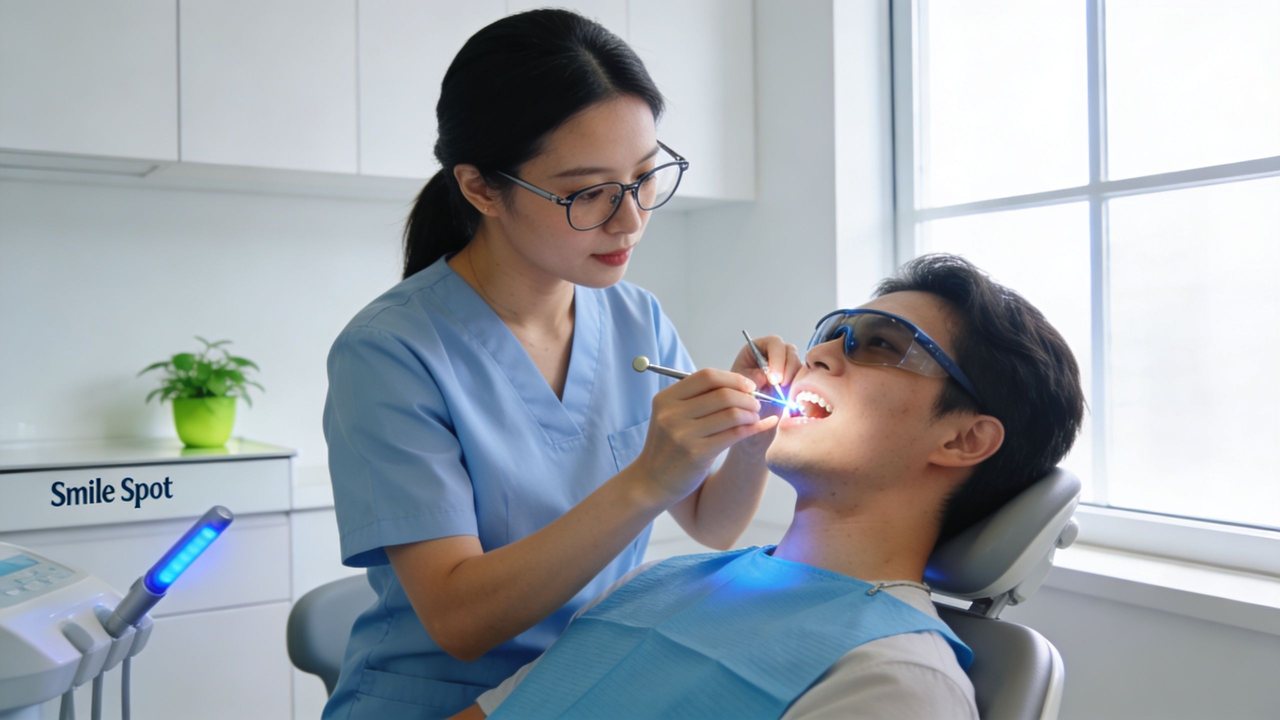 A female dentist in blue scrubs performing a dental bonding procedure on a male patient in a clinic.