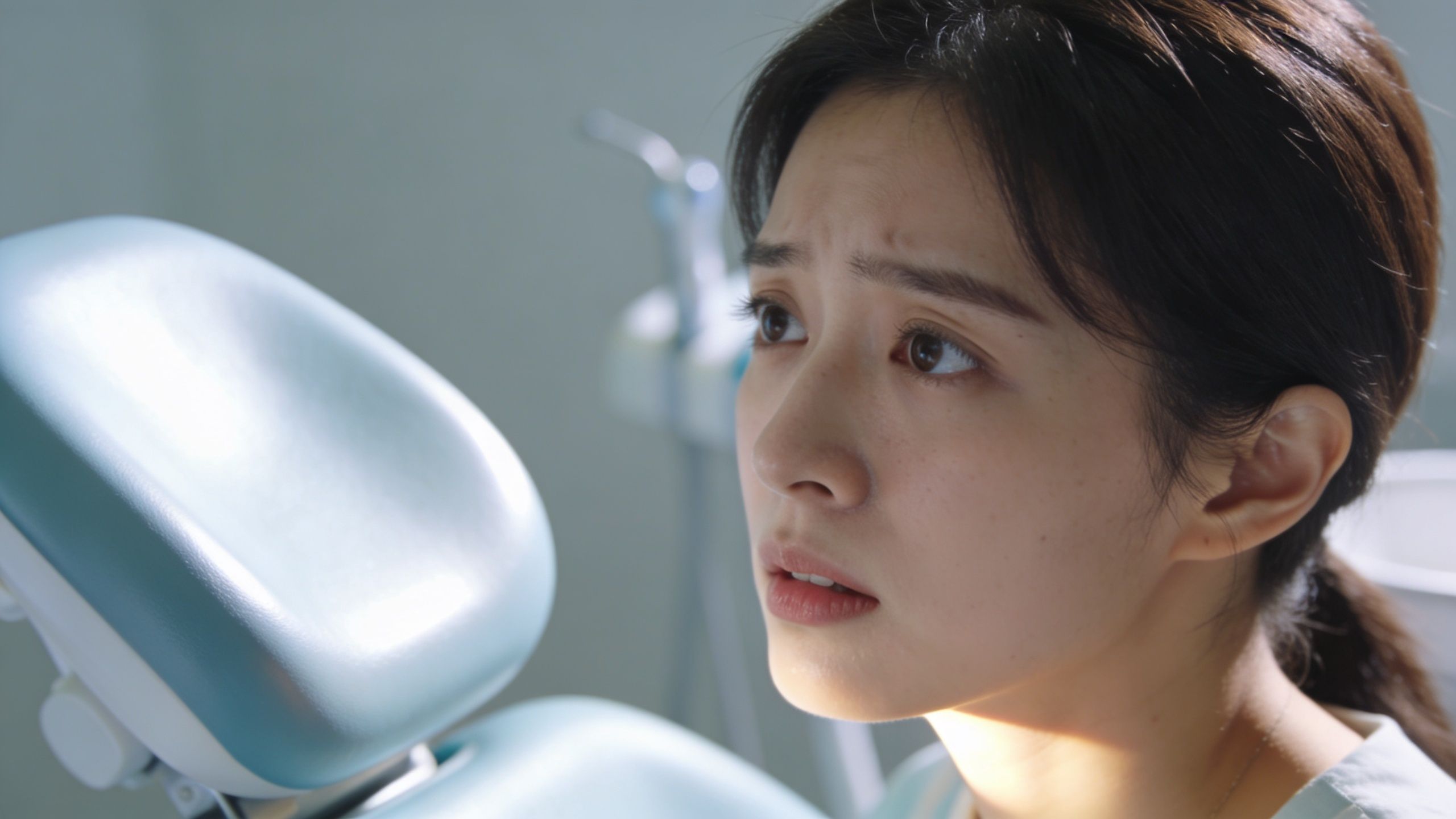 A young woman with a concerned expression sitting in a dentist office chair looking anxious.
