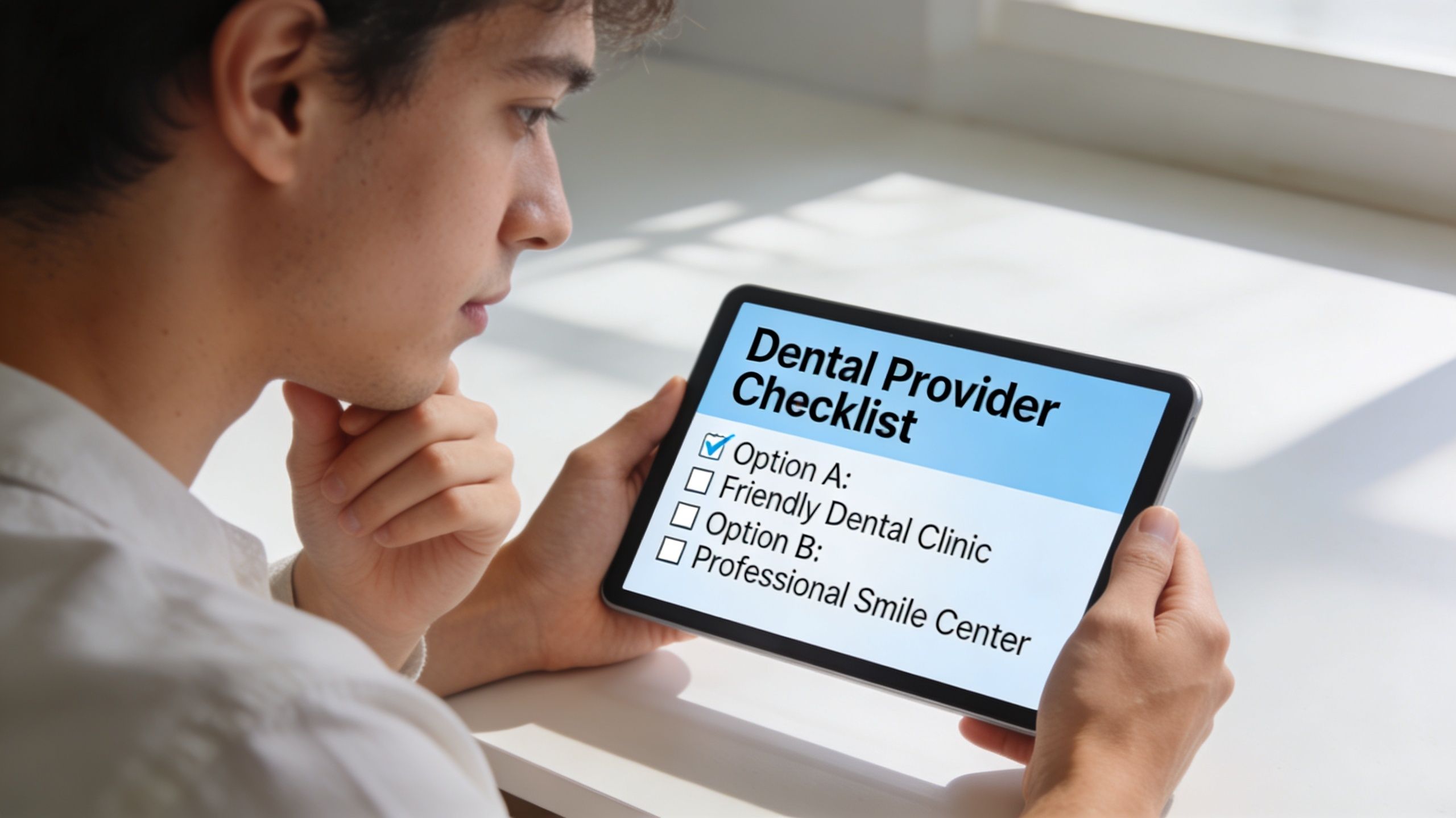 A young man reviewing a dental provider checklist on a tablet screen, comparing two clinic options.