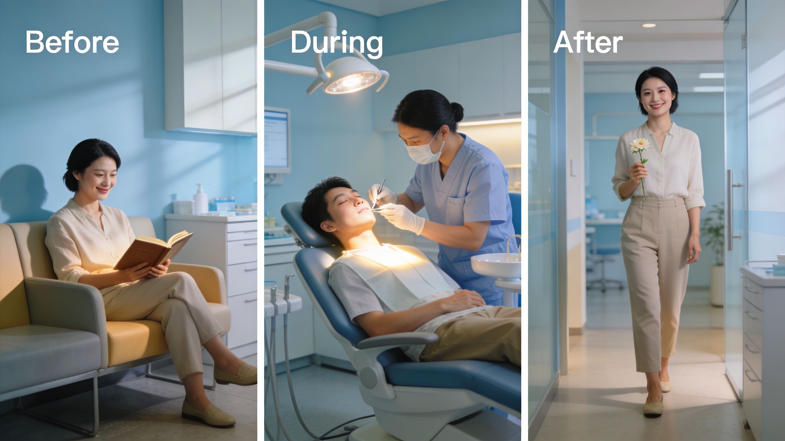 A three-part visual showing a patient waiting, receiving dental care, and walking out confidently after treatment.