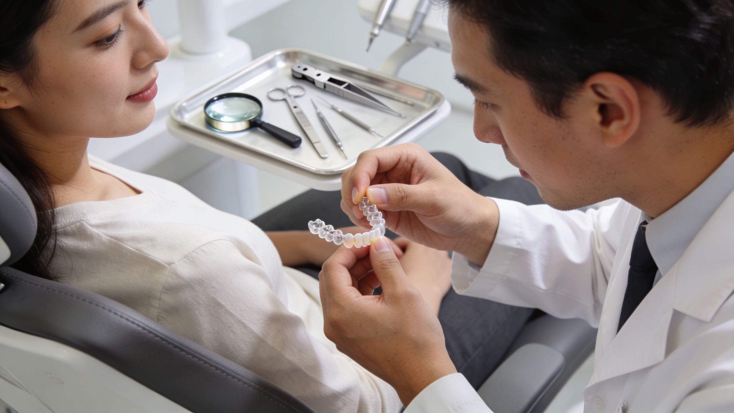 A dentist shows a clear orthodontic aligner to a patient sitting in a dental chair for treatment.