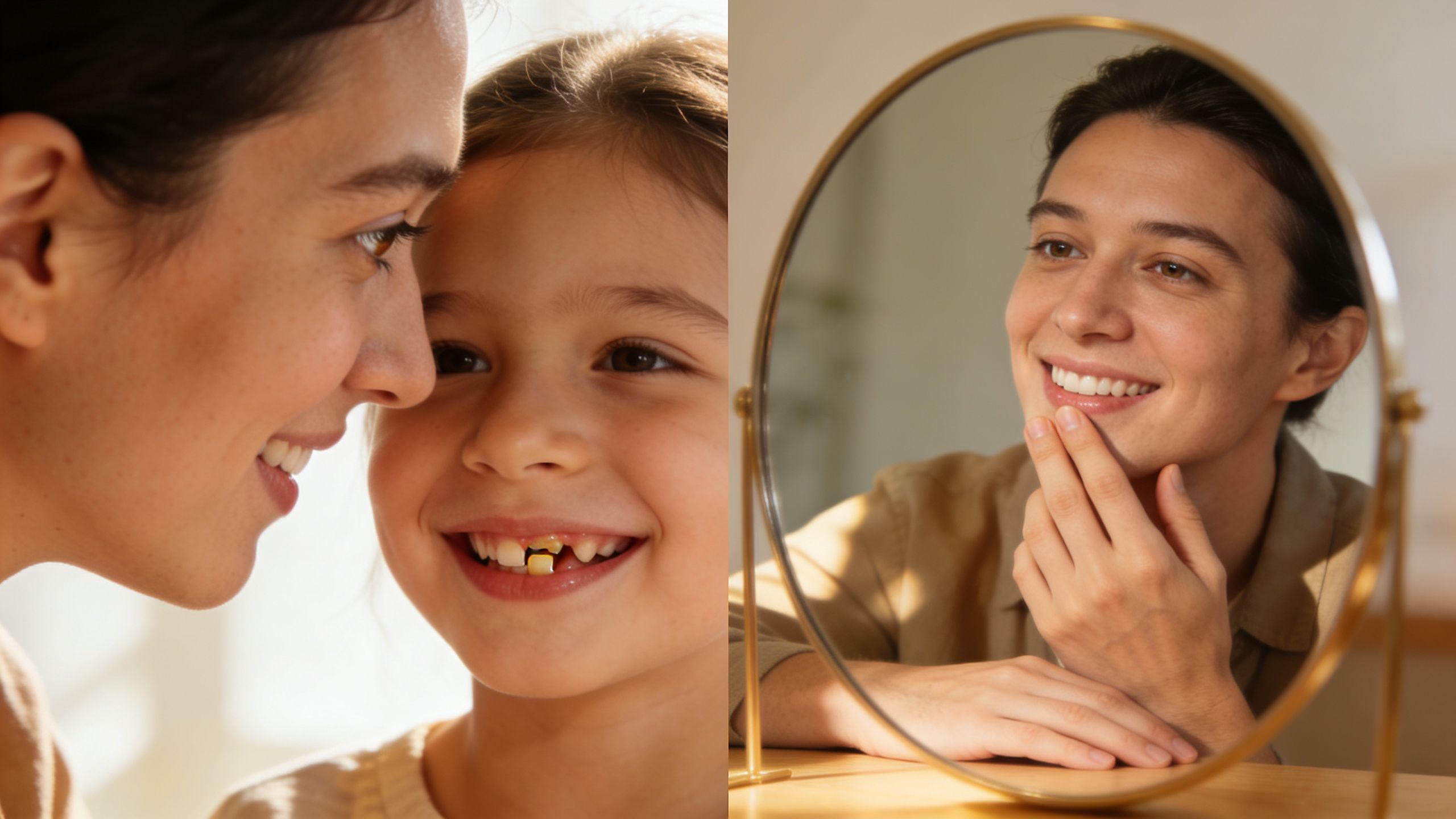 A smiling mother and daughter looking at teeth, alongside a woman examining her own smile in a mirror.