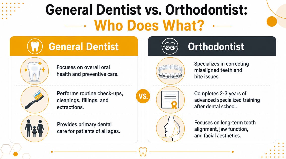 A comparison infographic showing the key differences between a general dentist and an orthodontic specialist.