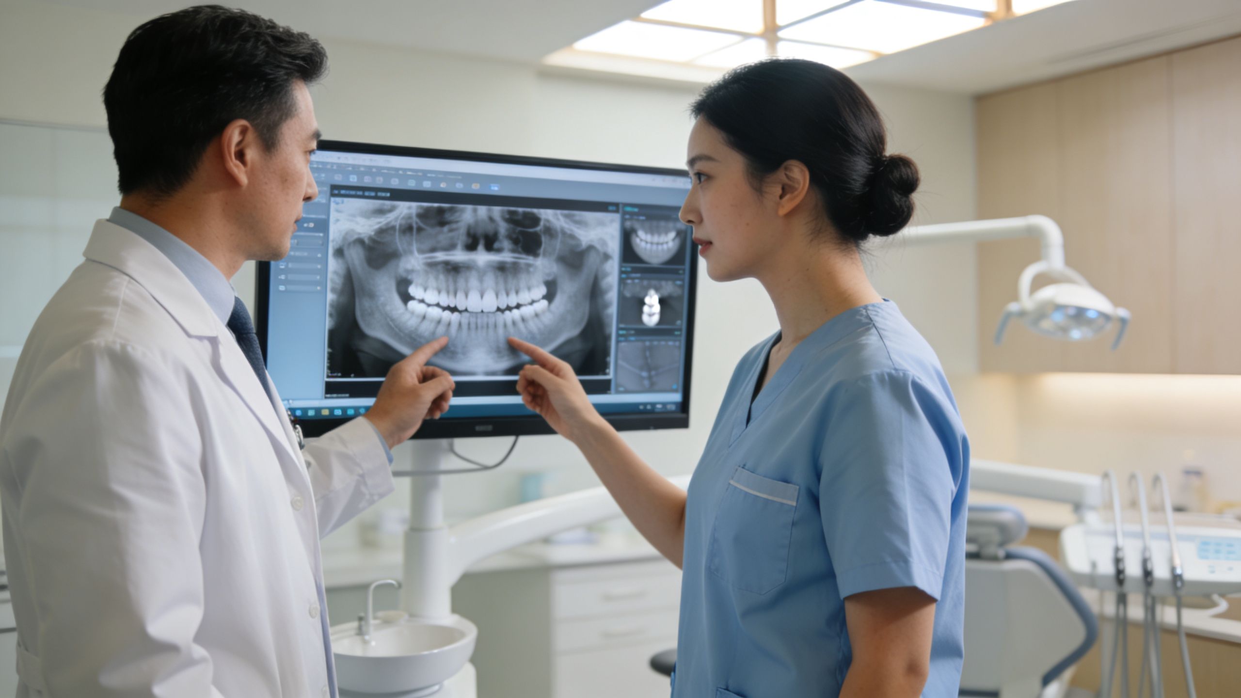 A dentist and his assistant reviewing a patient's dental x-ray scan on a digital computer monitor.