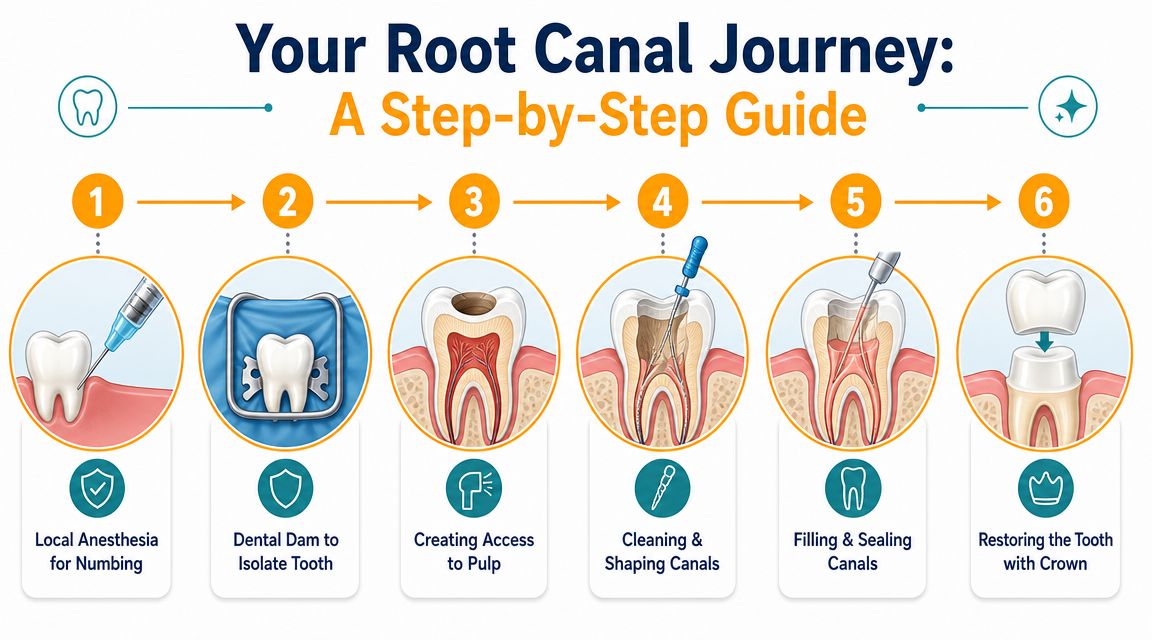 A step-by-step infographic illustrating the six stages of a root canal dental treatment procedure.