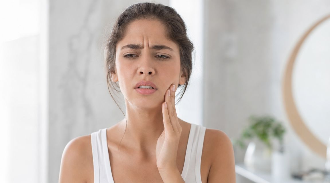 A young woman holding her cheek in pain while suffering from a severe toothache at home.