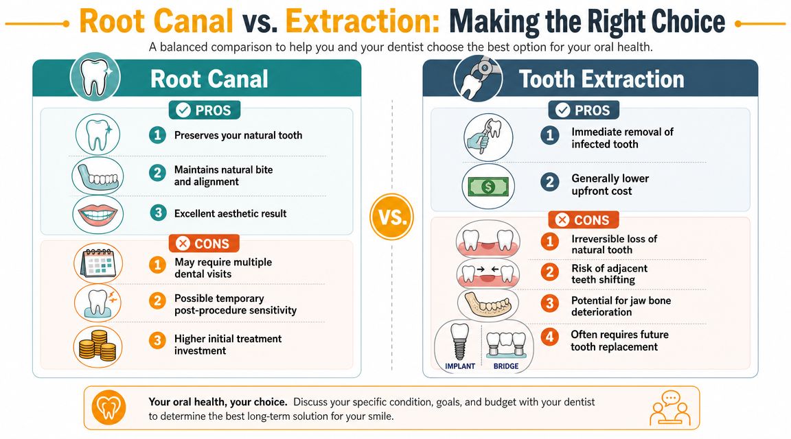 An infographic comparing the pros and cons of root canal procedures versus tooth extraction treatments for patients.