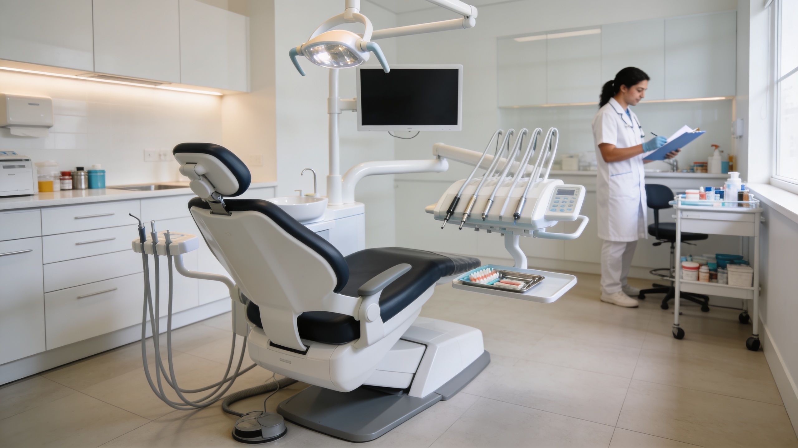 A professional dentist in a white coat reviewing patient notes in a clean modern dental clinic office.