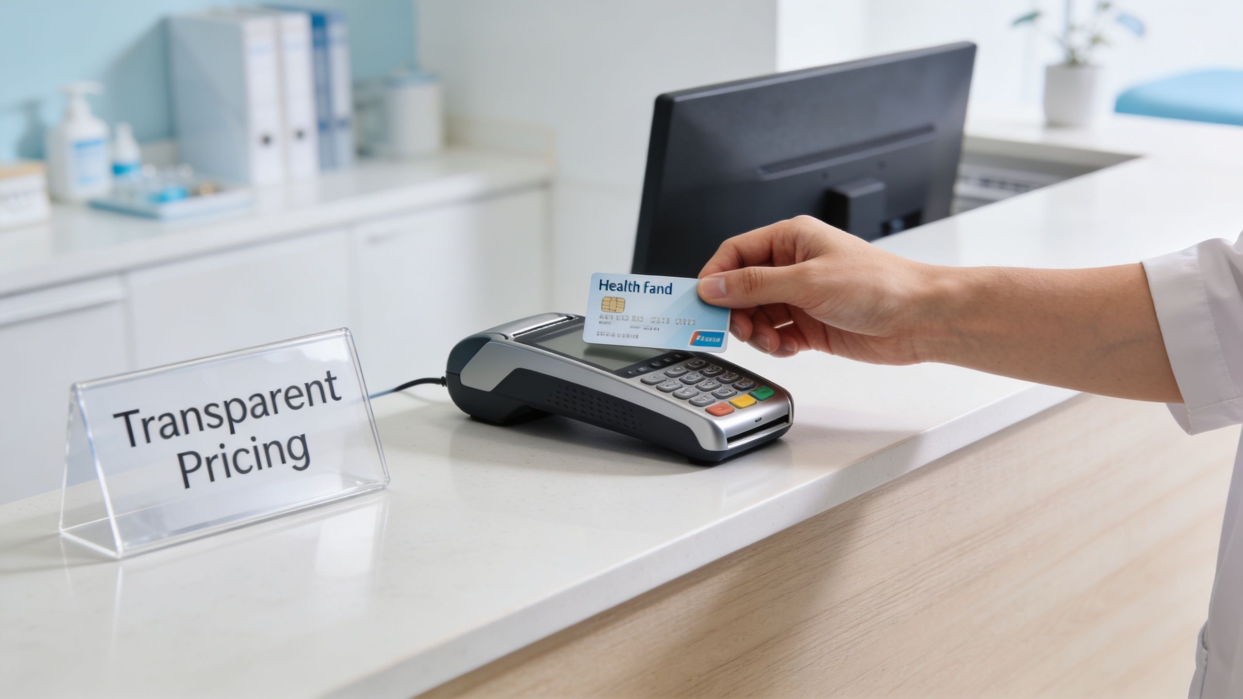 A patient uses a health insurance card for payment at a medical clinic front desk counter.