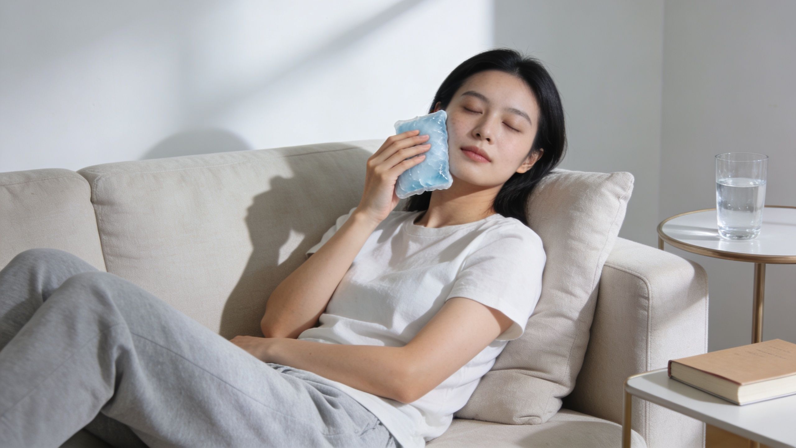 A young woman resting on a sofa with an ice pack held against her cheek.