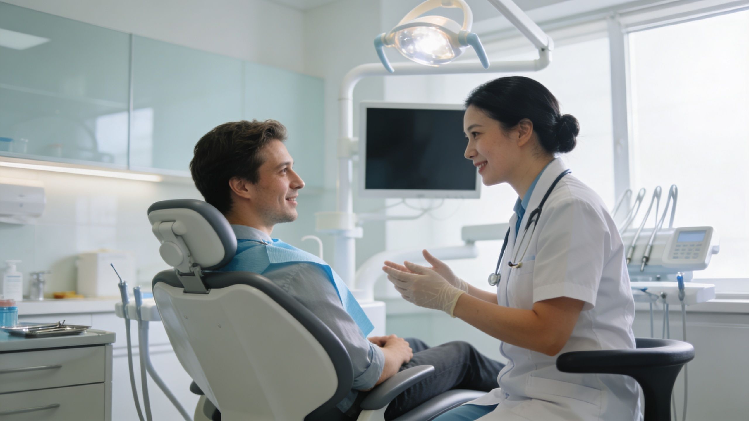 A friendly female dentist in a white coat consulting with a male patient in a dental chair