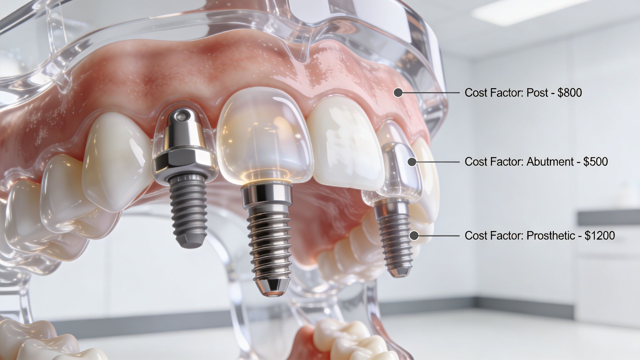 A dental model demonstrating the individual cost factors of dental implants including the post, abutment, and prosthetic crown.