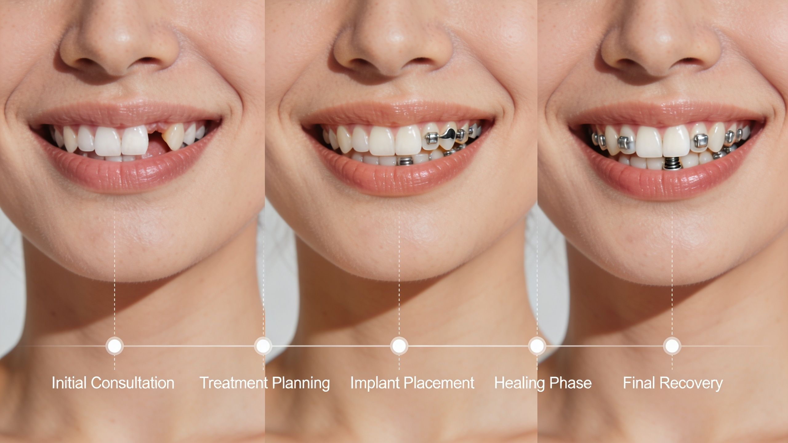 A dental treatment progression showing the phases of dental implant procedures from consultation to final recovery.