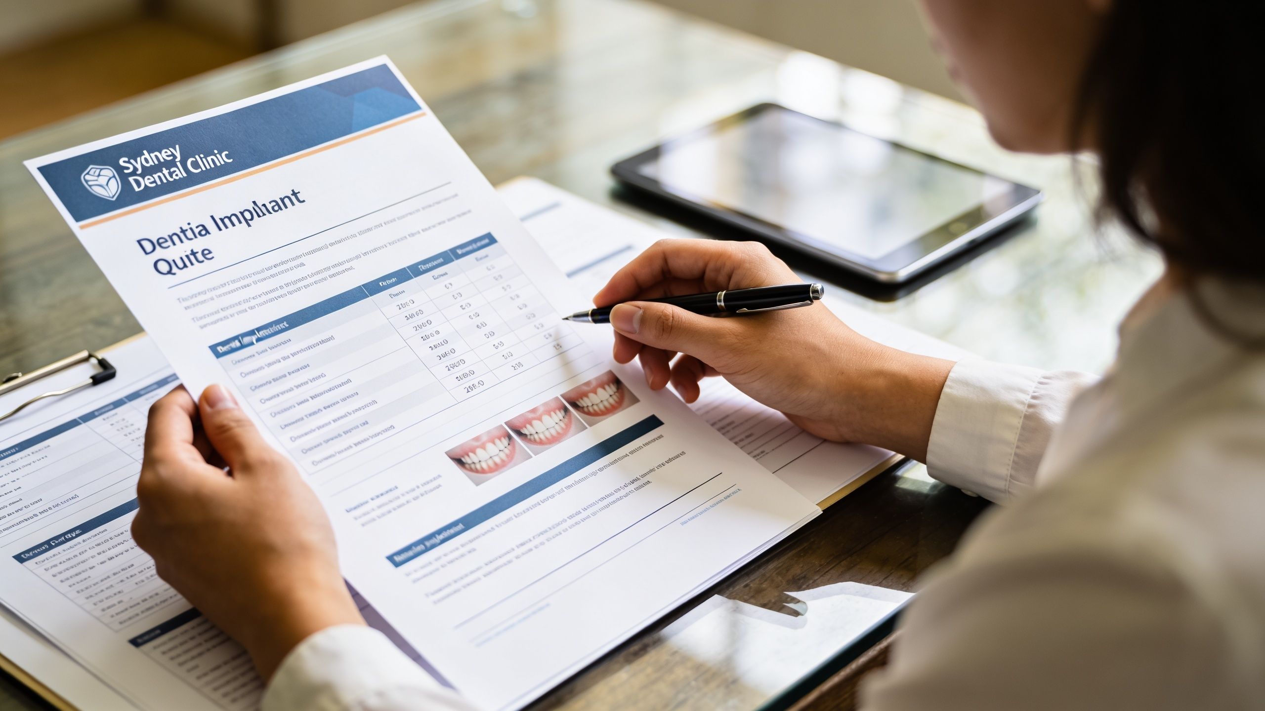 A person reviewing a dental implant quote document at a desk with a tablet nearby.