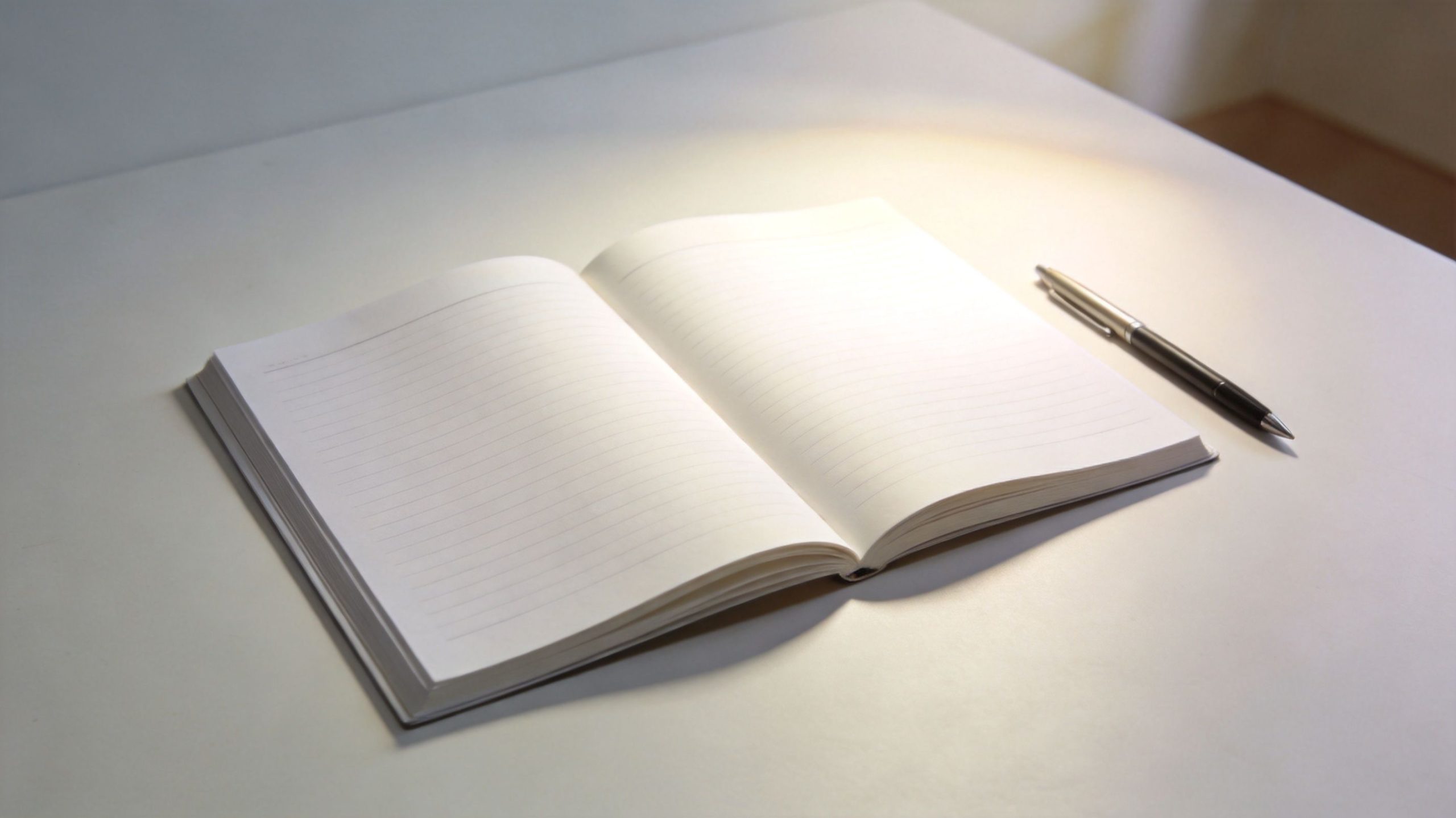 An open notebook with lined pages sits on a clean white desk next to a silver pen.