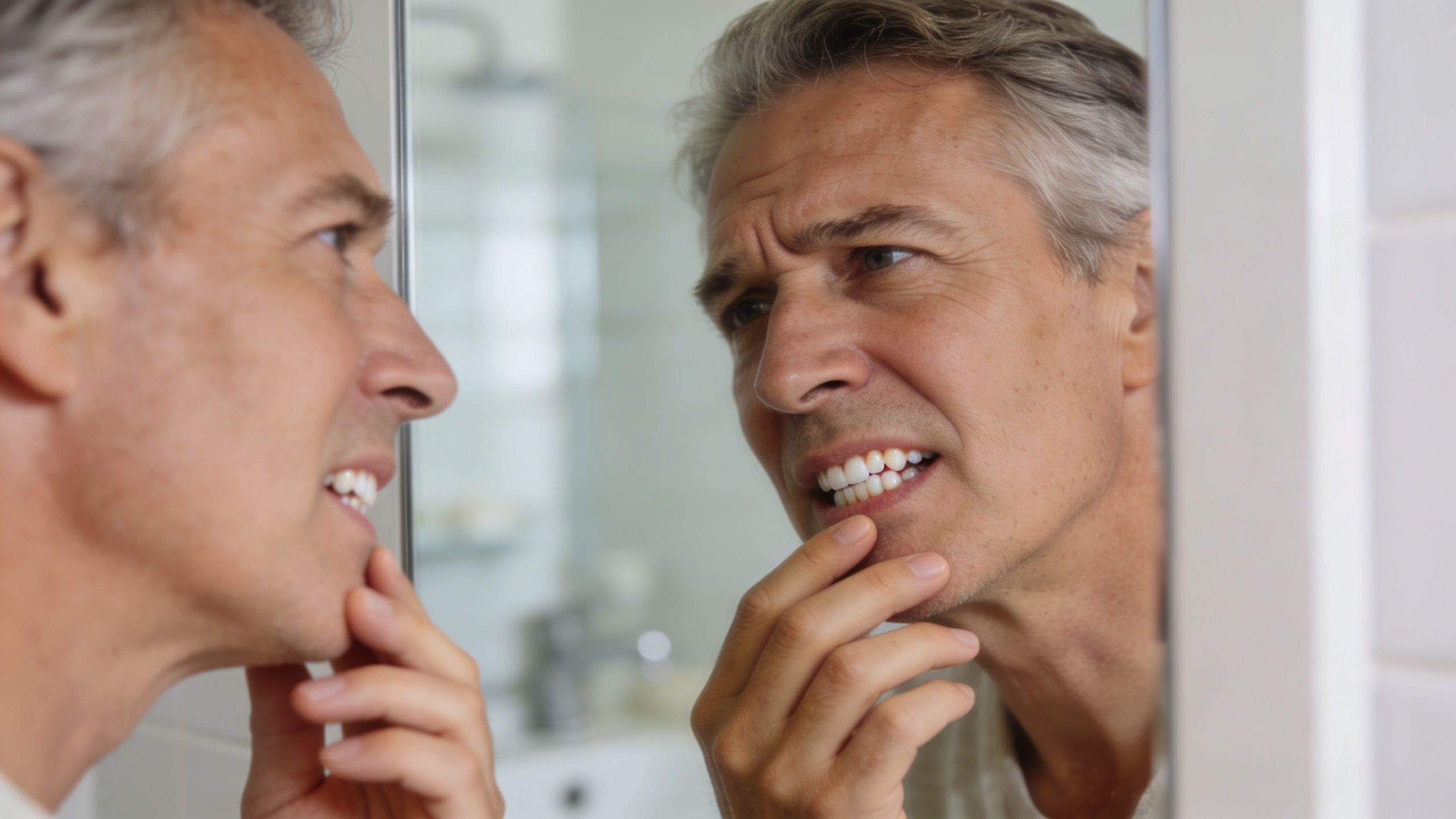 A middle-aged man examines his teeth in the bathroom mirror with a concerned facial expression.