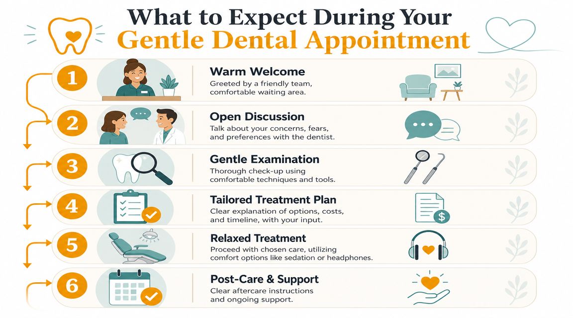 A six-step infographic detailing the comfortable and patient-focused process of a gentle dental care appointment.