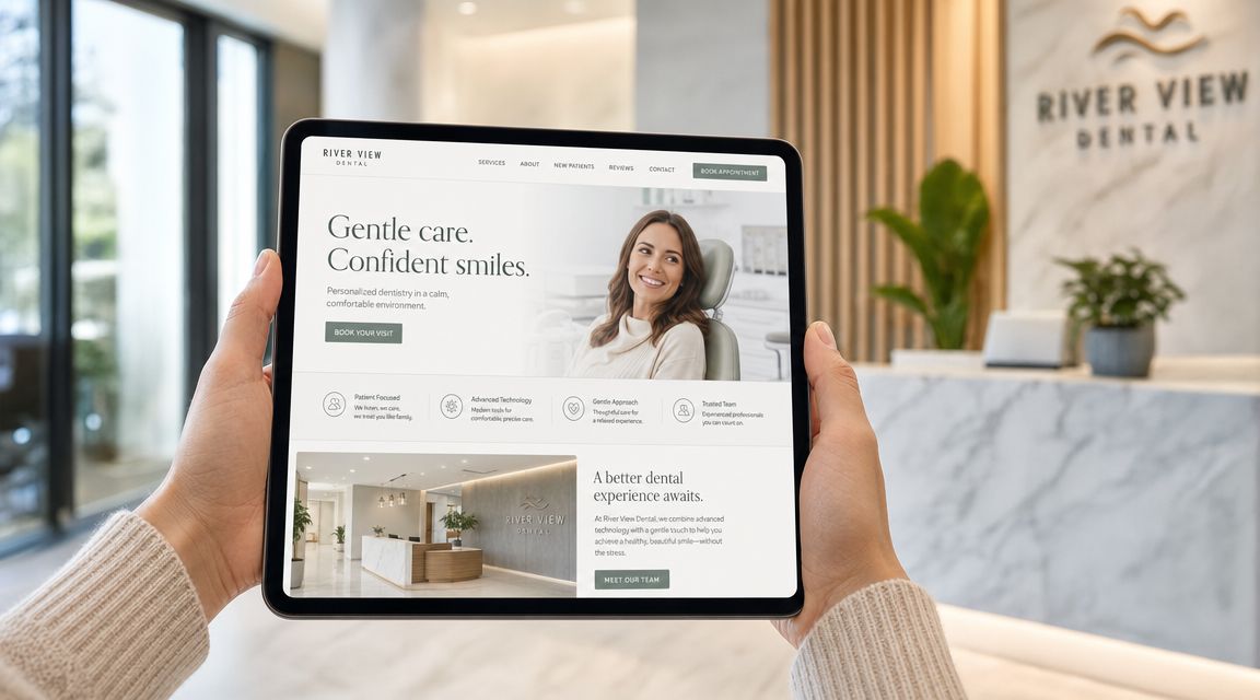 A person holding a tablet displaying the River View Dental website in a professional dental clinic lobby.