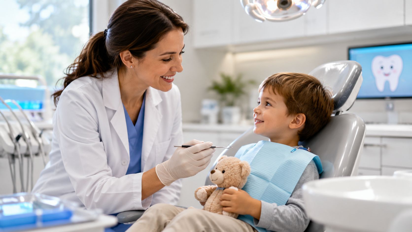 A friendly female dentist examining a smiling young boy who is holding a teddy bear in her office.