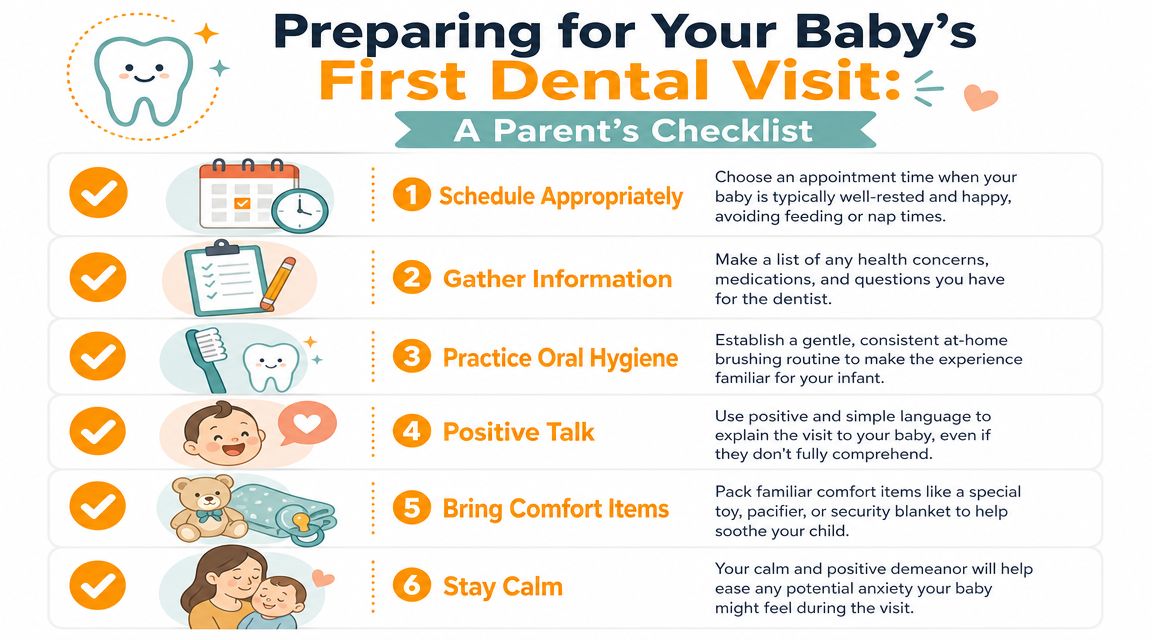 A checklist infographic titled Preparing for Your Baby's First Dental Visit with six helpful tips for parents.