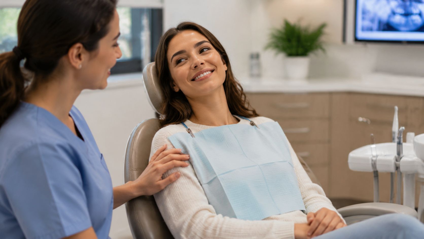 A friendly female dentist comforting a smiling patient sitting in a chair during a dental appointment.