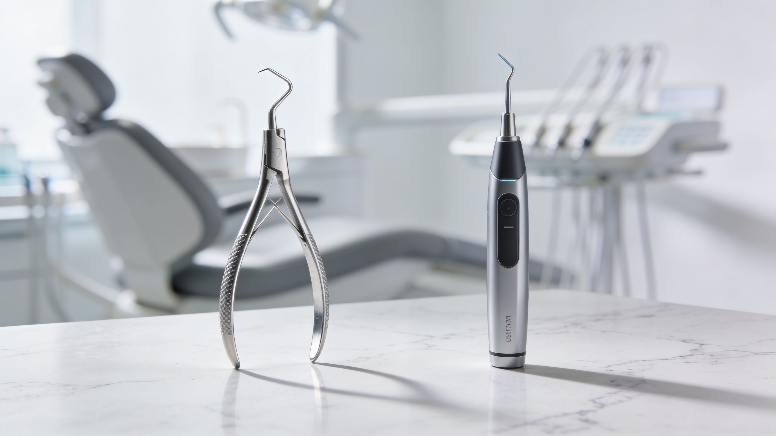 A manual metal dental scaler and an electric ultrasonic dental cleaner sitting on a clinic marble table.