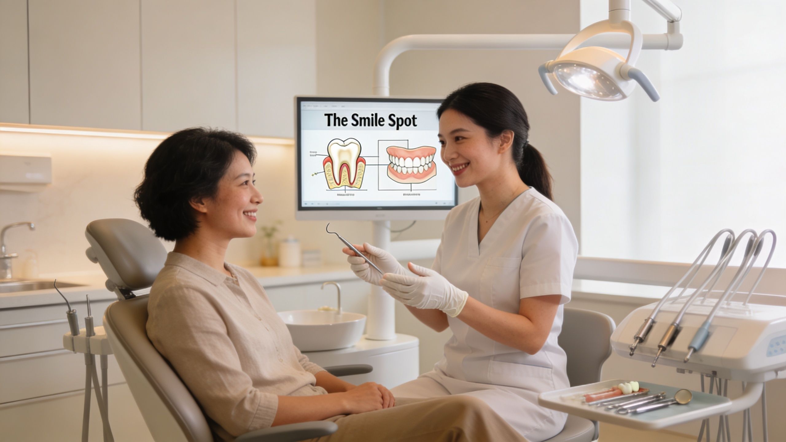 A friendly dentist consults with a patient in a modern dental office about tooth health and treatment.