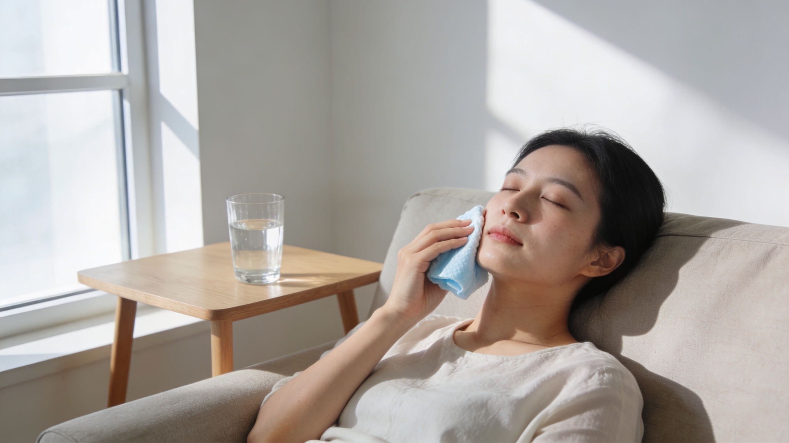 A woman resting on a sofa with a cold compress on her cheek after a dental procedure.