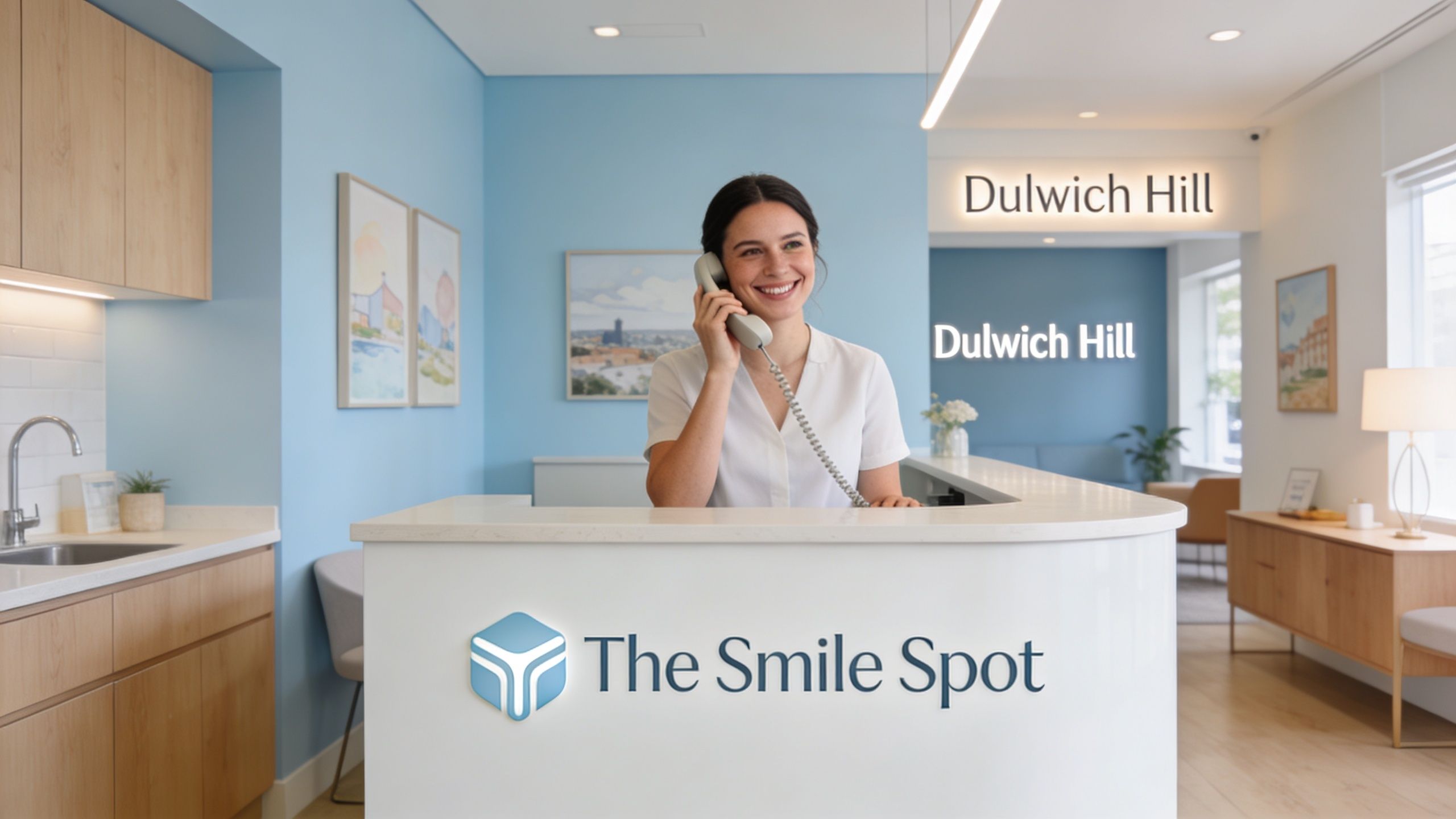 A smiling receptionist at The Smile Spot dental clinic answering a phone call at the front desk.