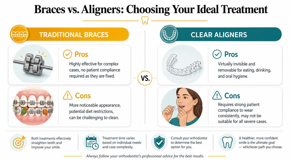 A comparison chart outlining the pros and cons of traditional metal braces versus clear dental aligners.