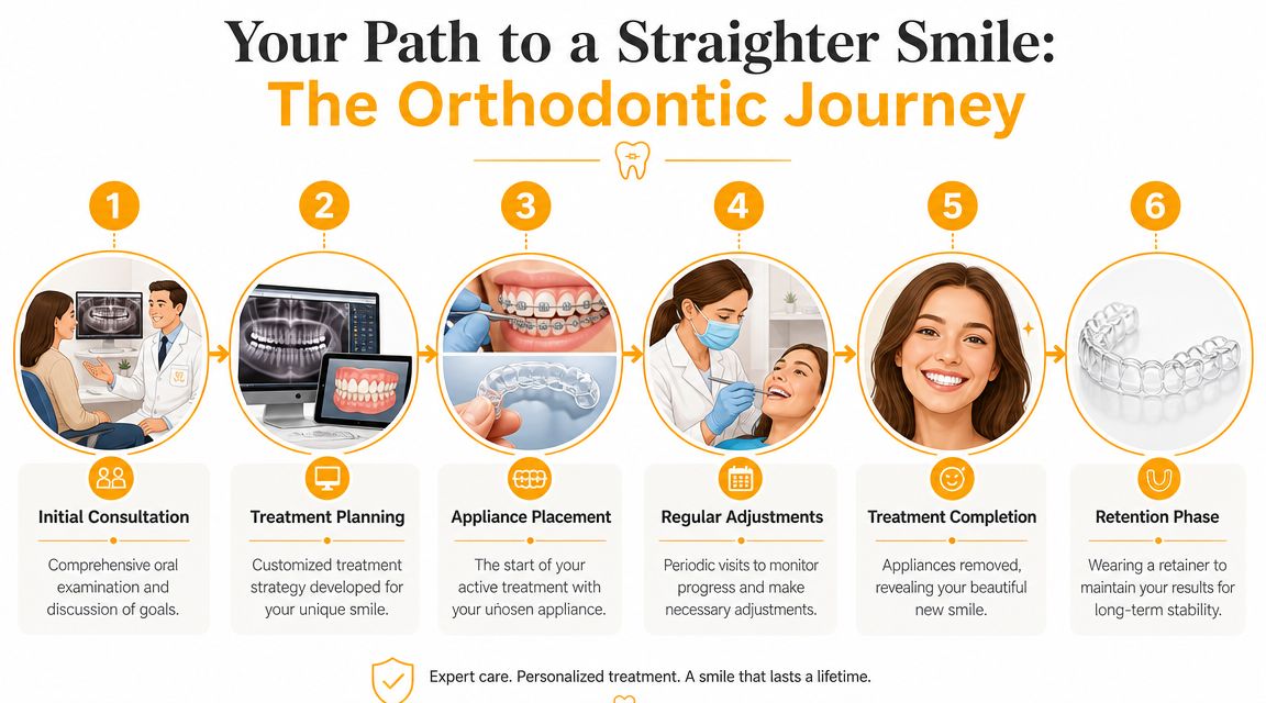 A six-step infographic illustrating the orthodontic journey from initial consultation to the final retention phase for patients.