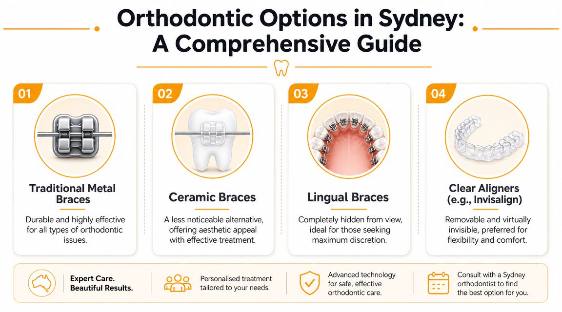 An infographic detailing four orthodontic treatment options including metal, ceramic, lingual braces, and clear aligners in Sydney.