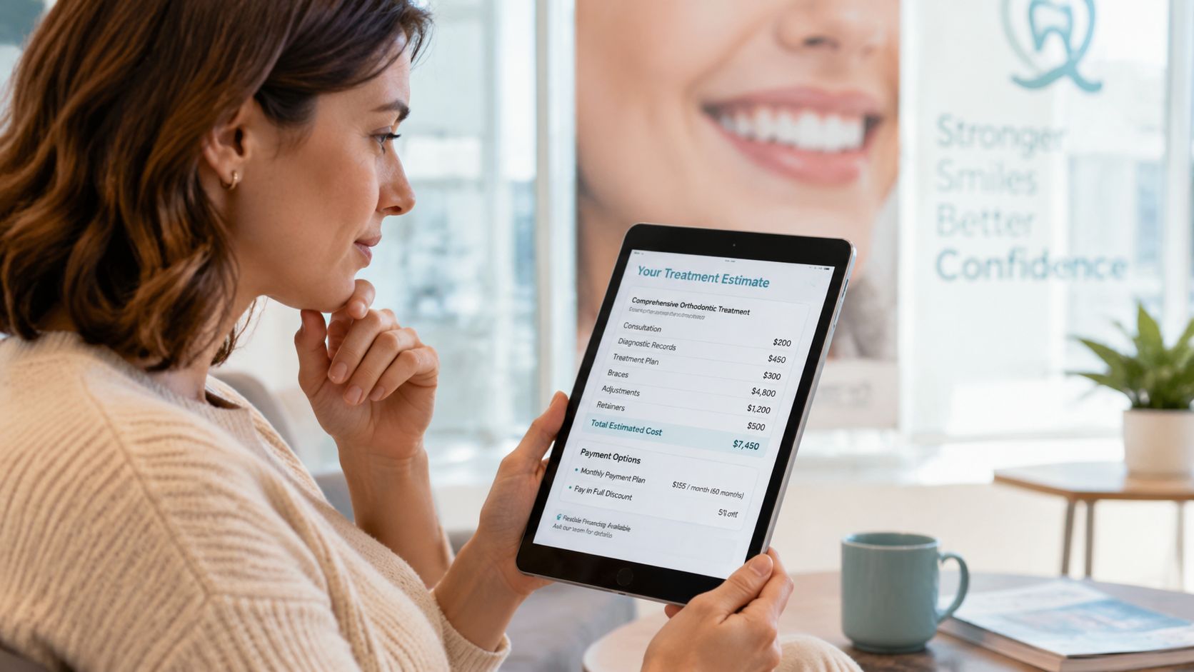 A woman reviewing an orthodontic treatment estimate cost breakdown on a tablet device at a dental office.