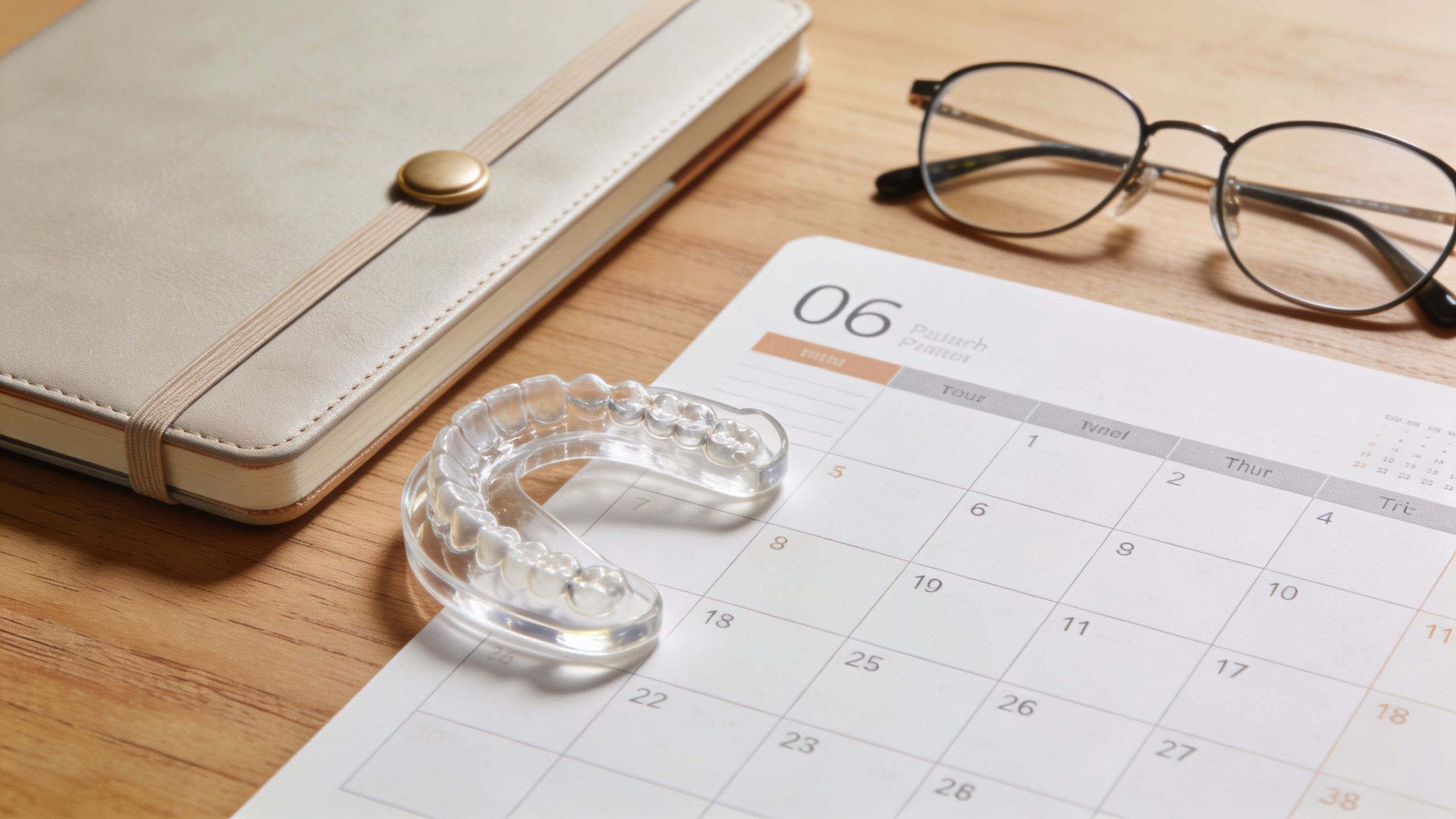A clear dental aligner resting on a monthly calendar next to a notebook and eyeglasses.