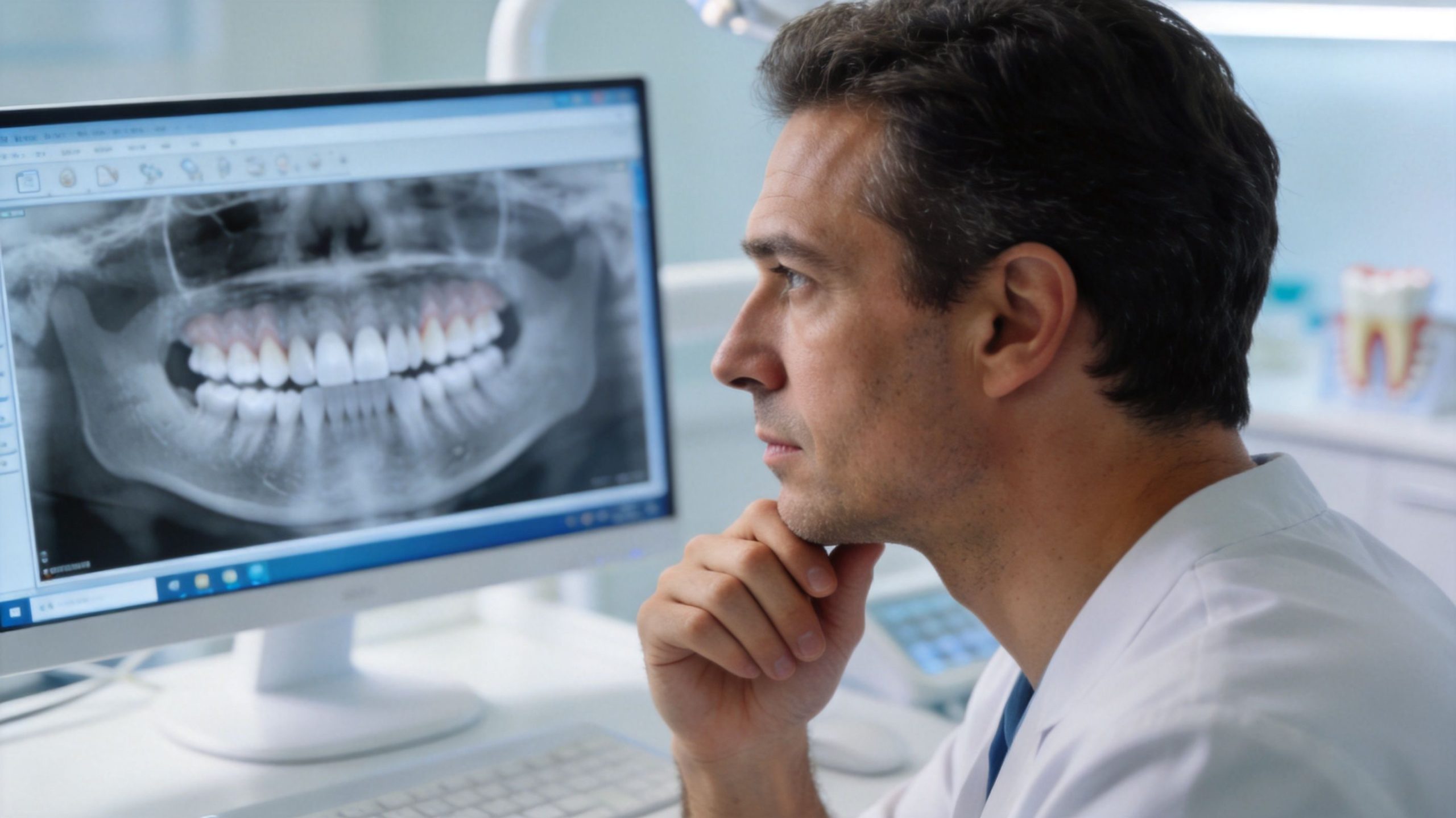A professional dentist looking thoughtfully at a digital dental X-ray scan on his computer screen.