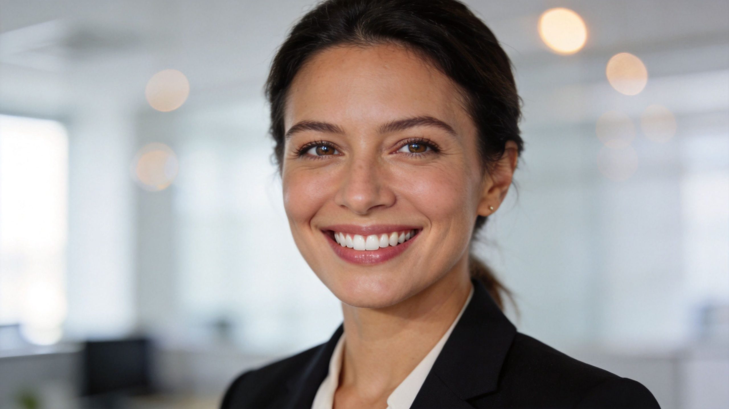 A smiling, professional woman dressed in a business blazer, looking directly at the camera in an office.